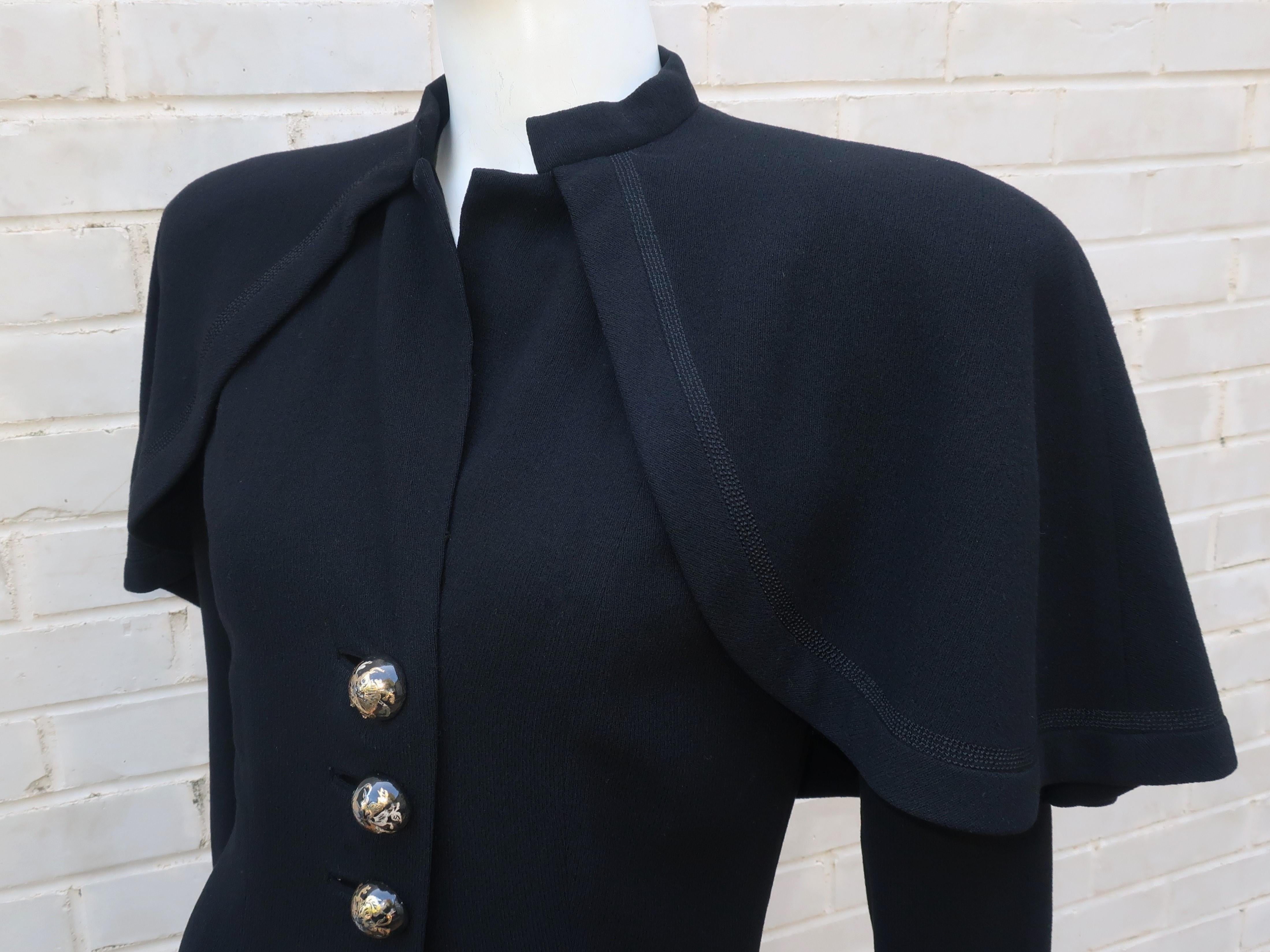 Bonwit Teller Black Capelet Coat With Lucite Buttons, 1940's 1