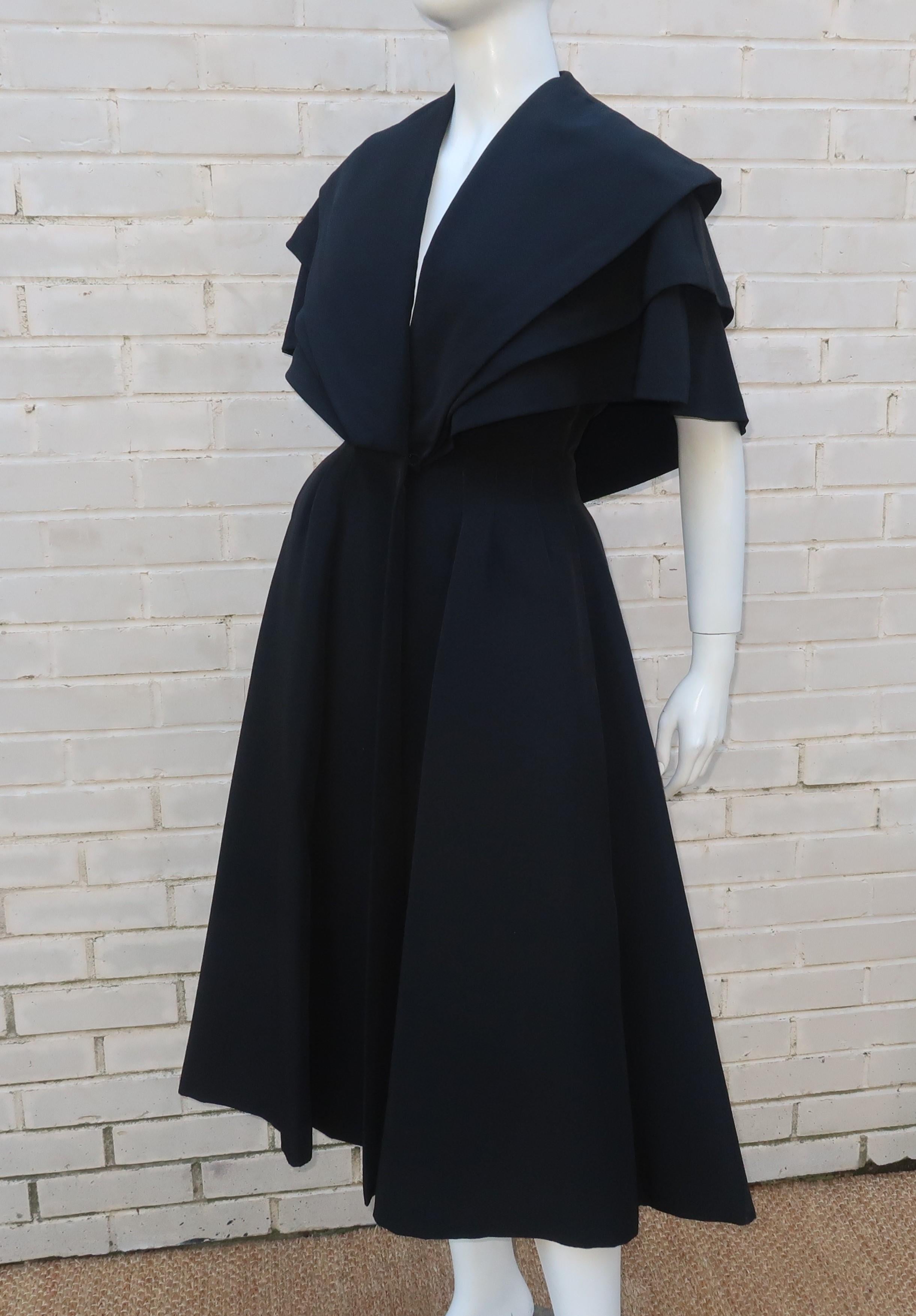 Women's Bonwit Teller 'New Look' Black Silk Faille Evening Coat Dress, C.1950