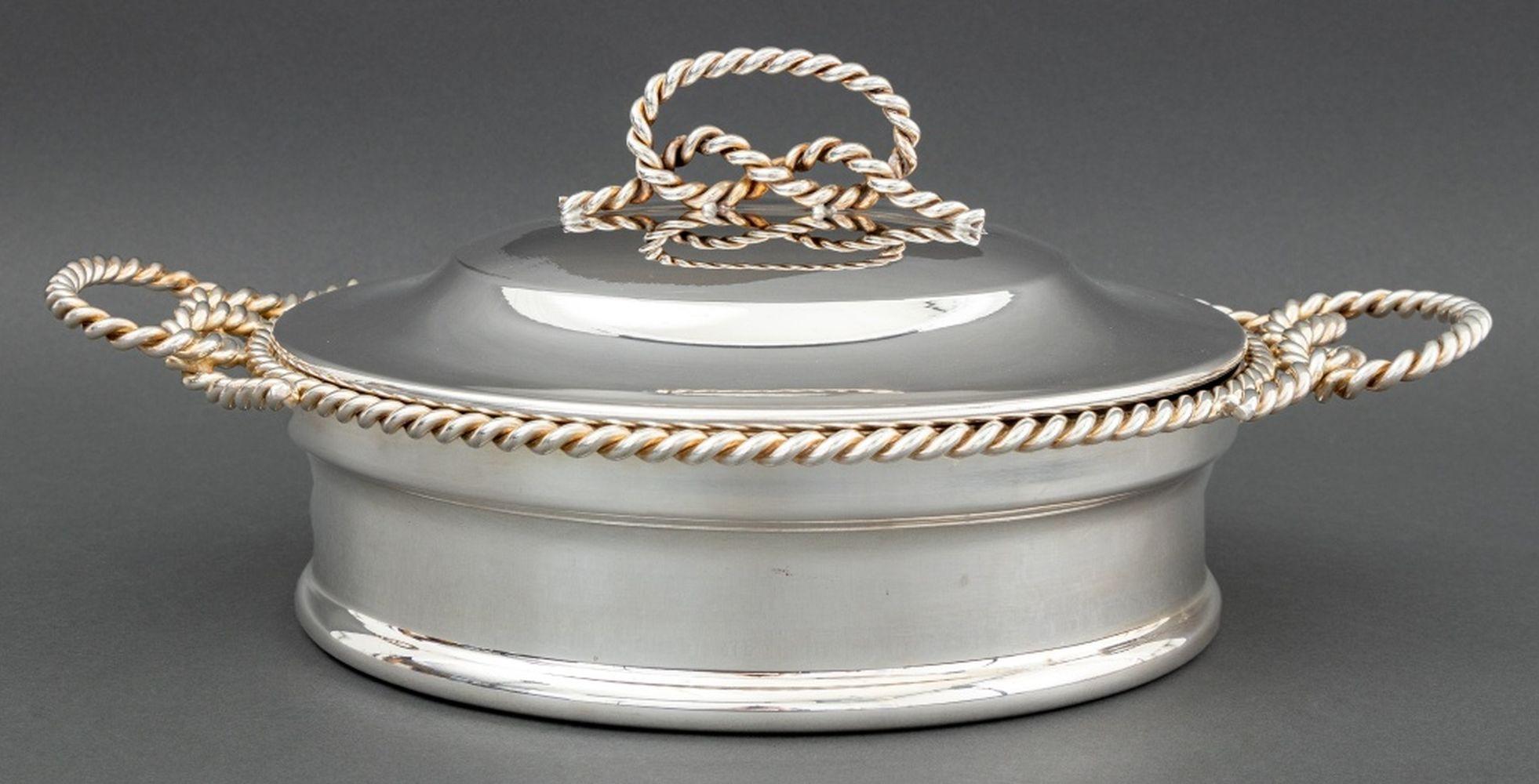 Bonwit Teller Bonwit Teller Silver Plate Covered Serving Dish, with braided rope motif trim and handles, marked 