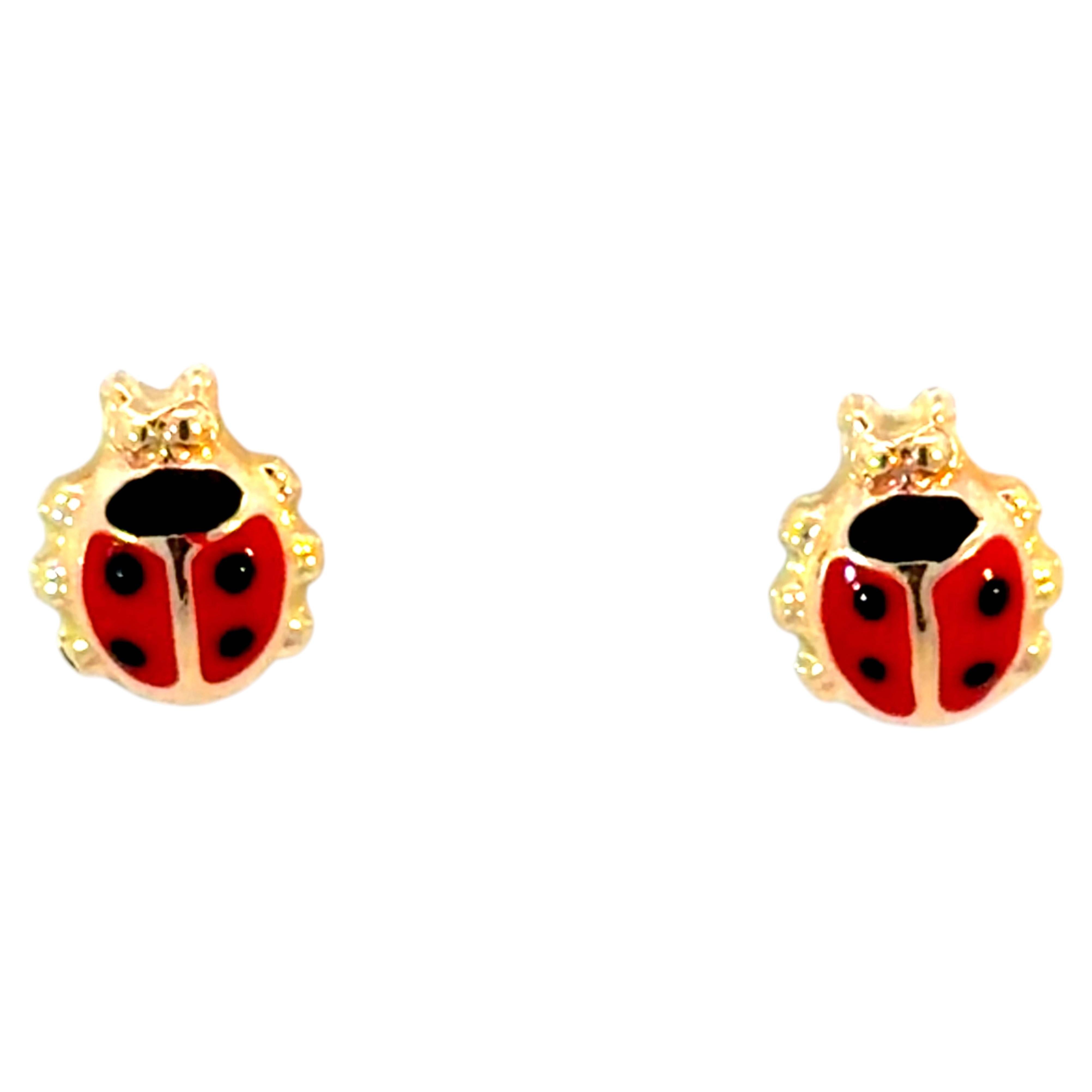Bony Levy Red and Black Enamel Ladybug Earrings 14k Yellow Gold For Sale