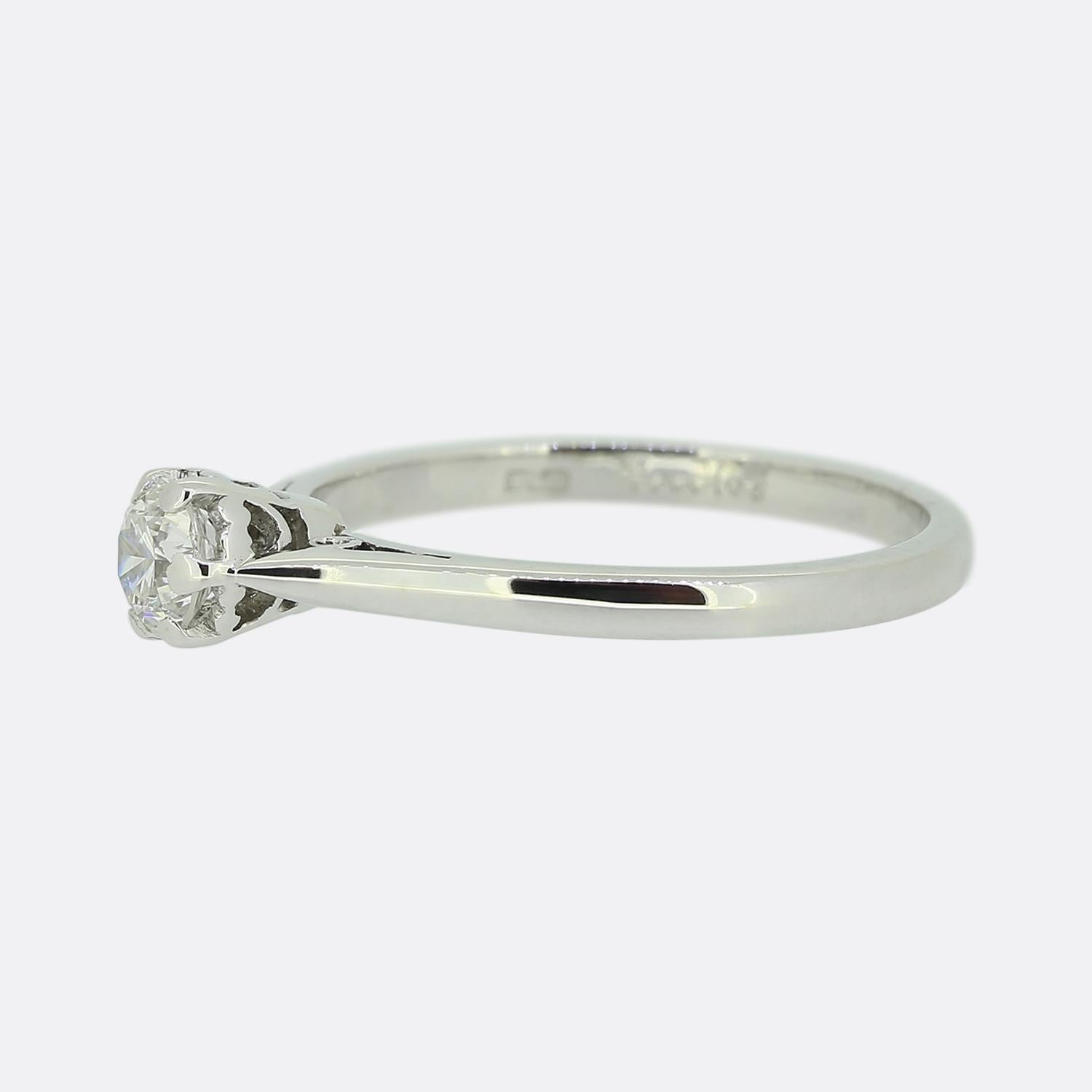 This vintage Boodles engagement ring features a 0.41 carat round brilliant cut diamond set in a 6 clawed mount. It has been beautifully crafted in platinum.

Condition: Used (Excellent)
Weight: 3.7 grams
Ring Size: O (55)
Principal Diamond: Approx.