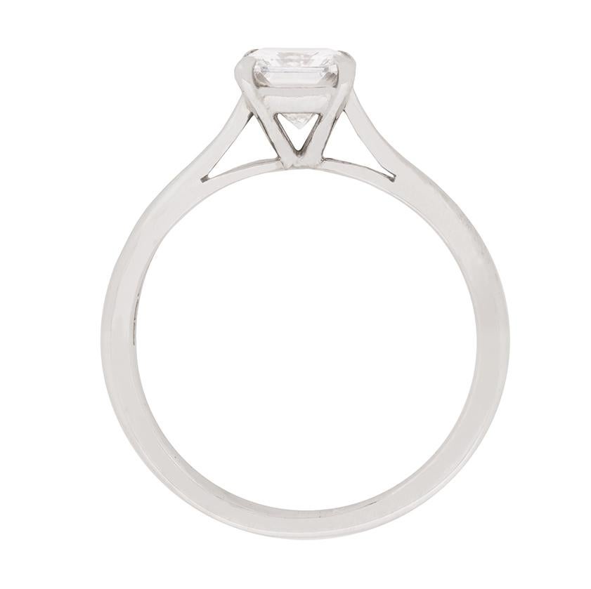 This beautiful ring is by Boodles, with a makers marks. It features a radiant cut diamond in the centre weighing 1.01 carat. It has been certified as D in colour and VVS1 in clarity, which is exceptional quality. It has been beautifully claw set