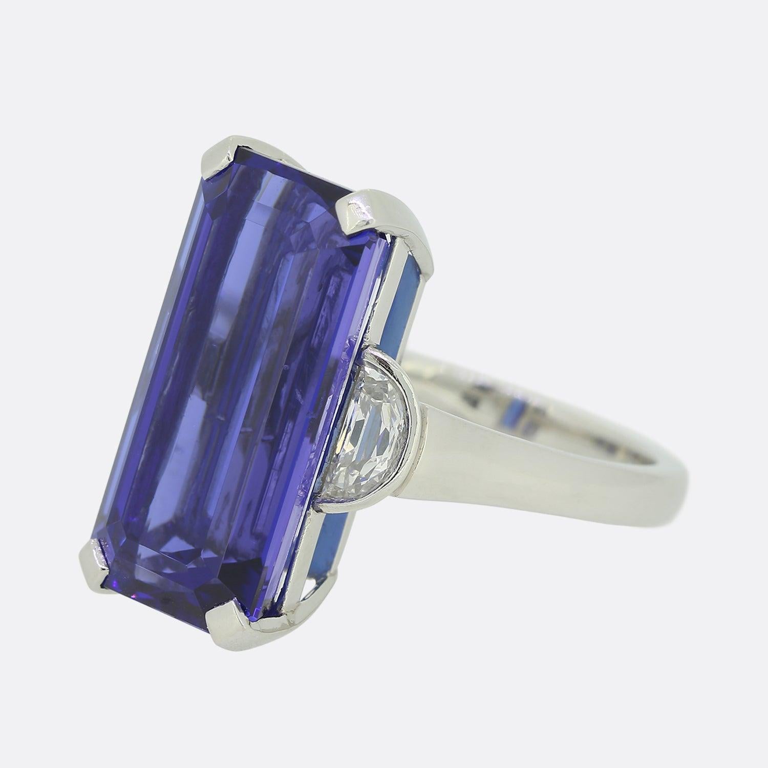 Here we have an outstanding piece from the world renowned British luxury jewellery designer, Boodles. This unique piece has been set with an impressive 15.02ct tanzanite gemstone possessing an exceptional violet blue hue. This focal rectangular cut