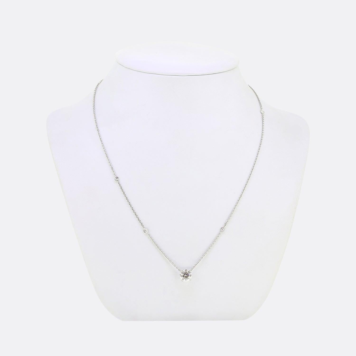 Here we have a stunning diamond necklace from the world renowned jewellery designer, Boodles. An elegant 18ct white gold belcher chain has been sporadically set with 5 rub-over set diamonds whilst playing host to a highly impressive 1.70ct round