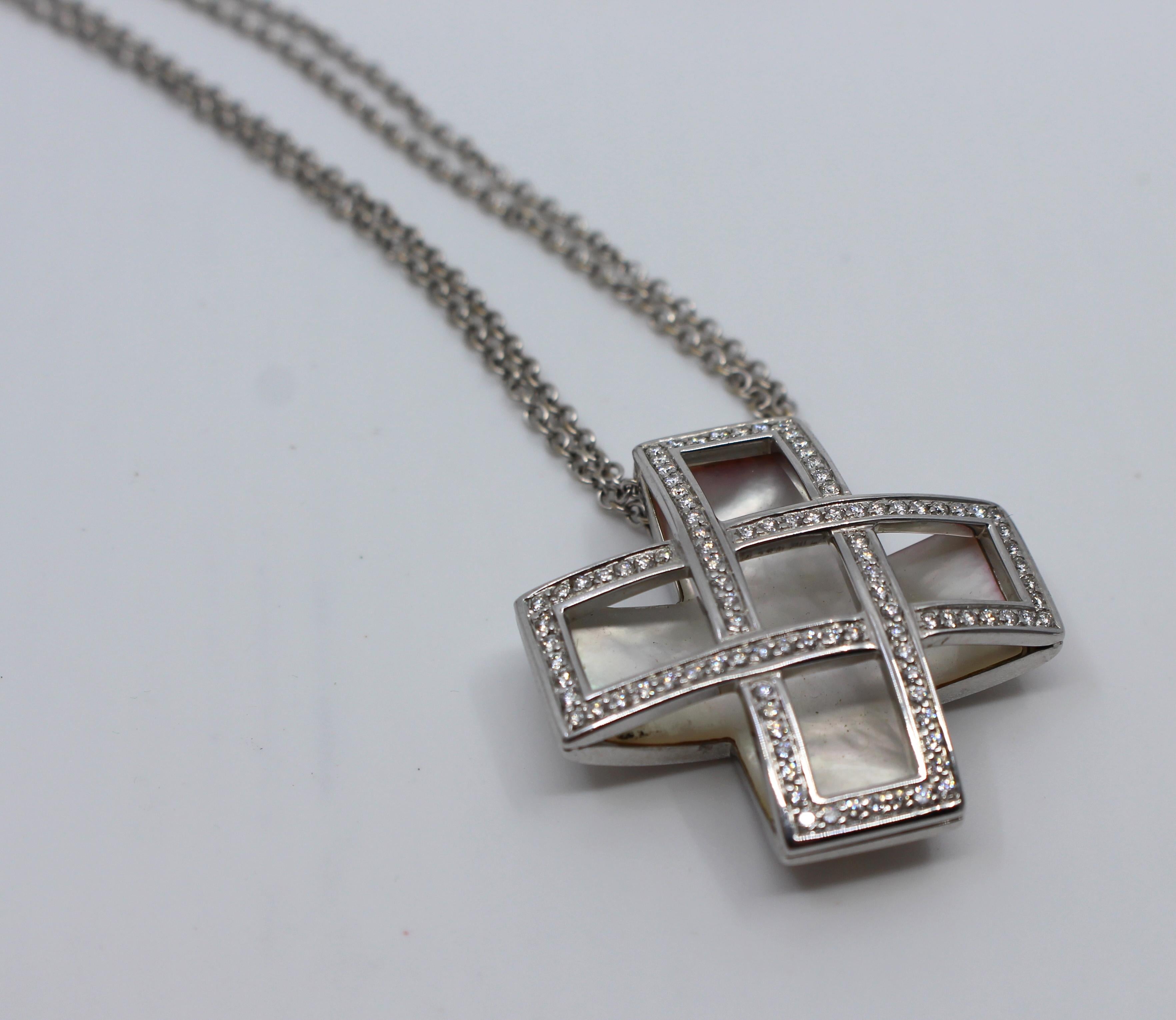 British Boodles 18ct Gold Diamond & Mother of Pearl Cross on Chain For Sale