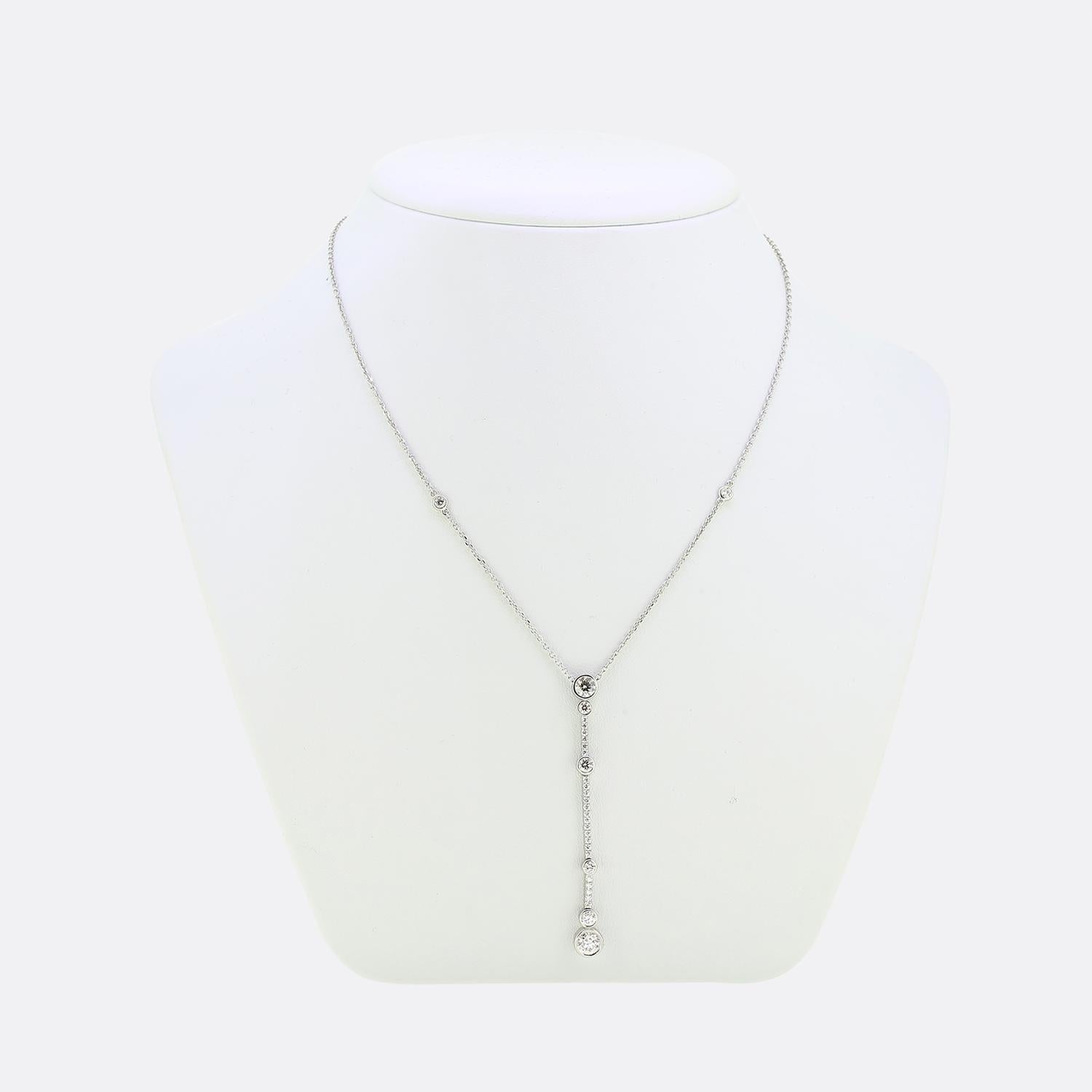 Here we have a stunning diamond necklace from the world renowned jewellery designer, Boodles. An elegant platinum belcher chain plays host to a scintillating drop pendant consisting of three round brilliant cut diamond set bars playing host to six