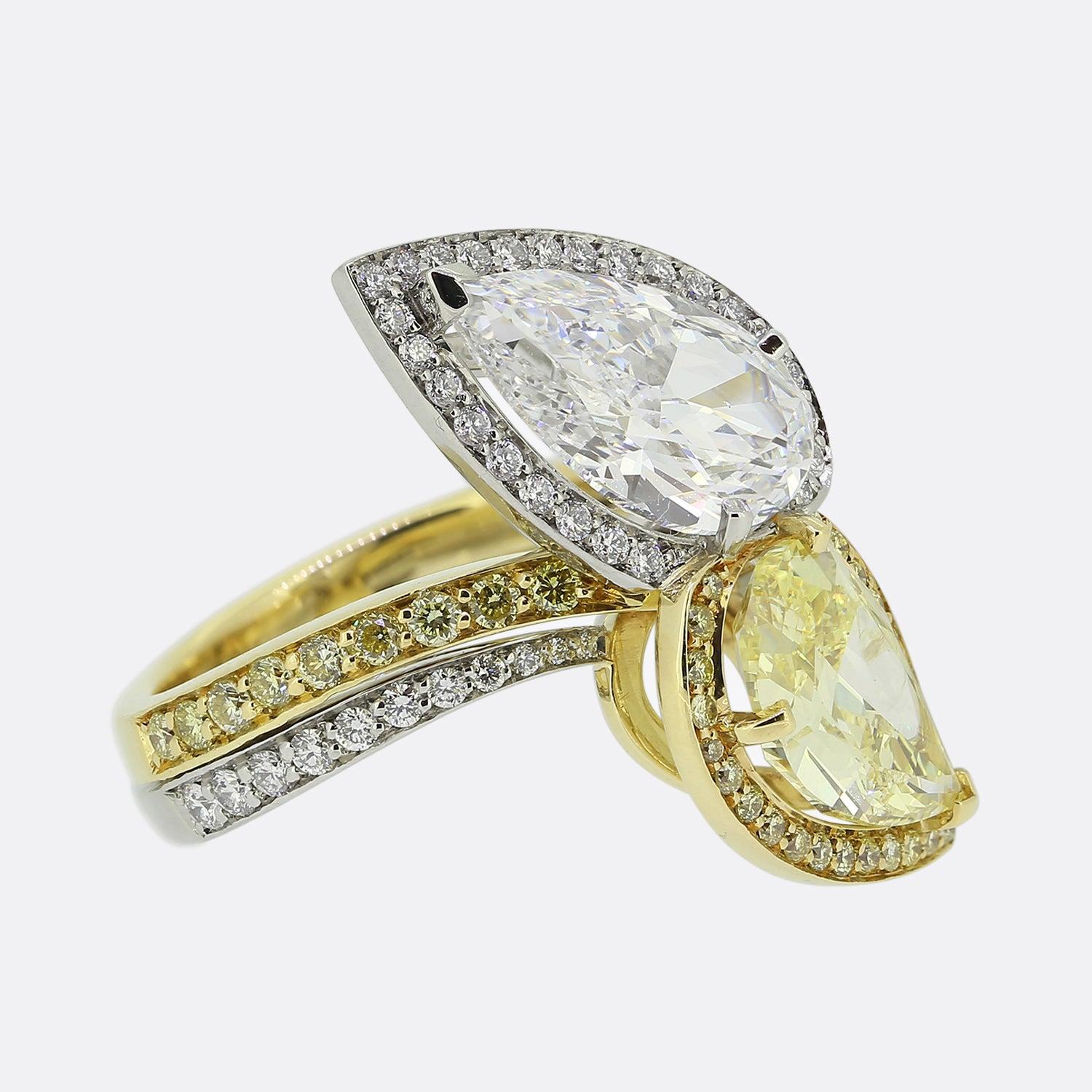 Boodles Fancy Intense Yellow Pear Cut Diamond Crossover Ring In Excellent Condition For Sale In London, GB