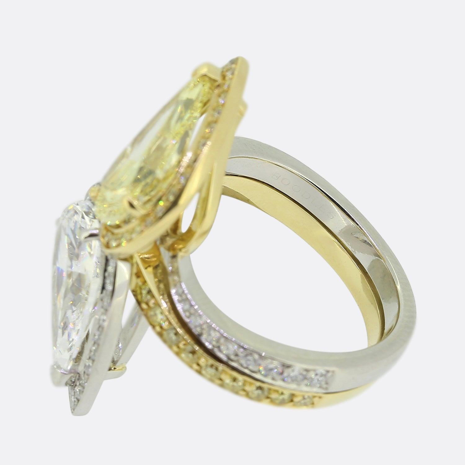 Boodles Fancy Intense Yellow Pear Cut Diamond Crossover Ring For Sale 1