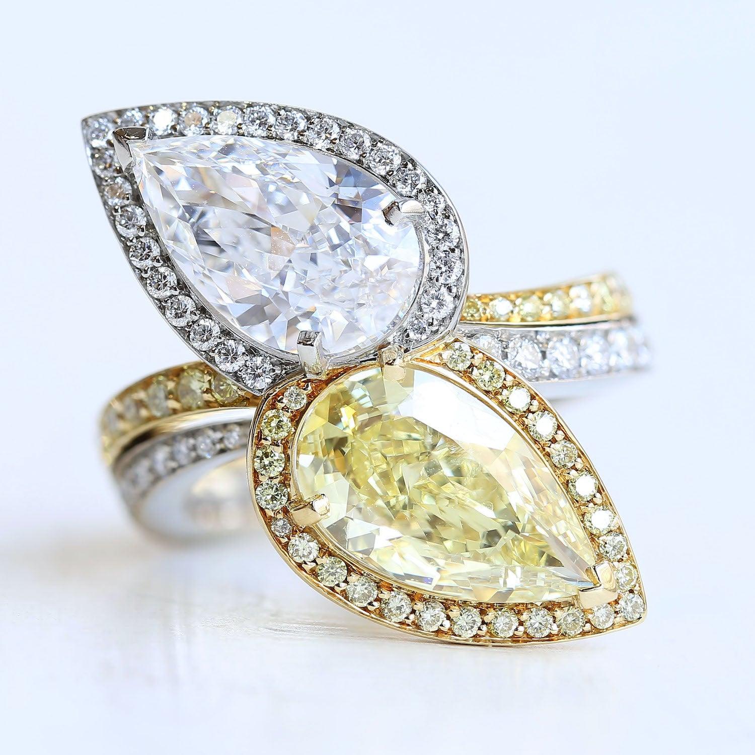 Boodles Fancy Intense Yellow Pear Cut Diamond Crossover Ring For Sale 2