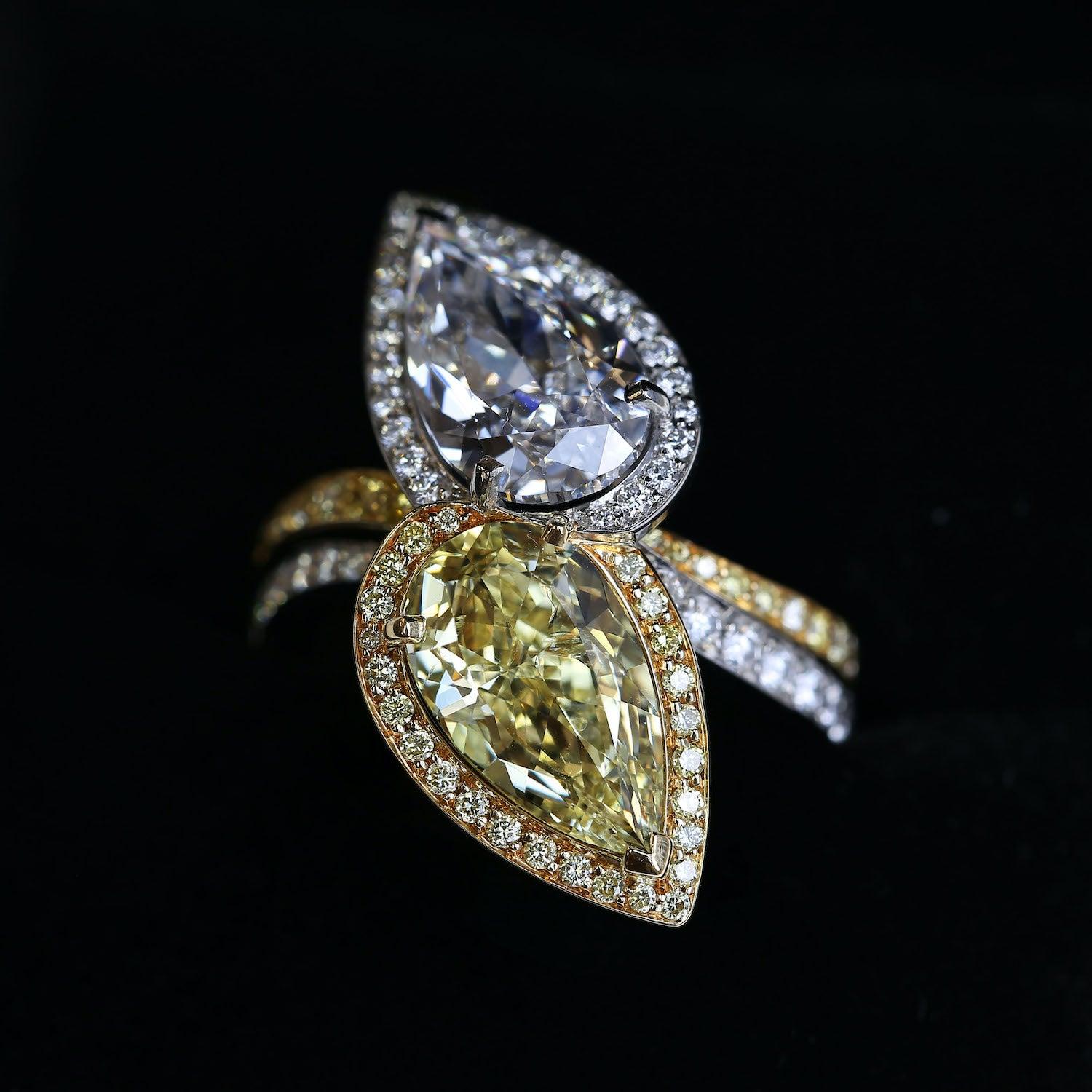 Boodles Fancy Intense Yellow Pear Cut Diamond Crossover Ring For Sale 3