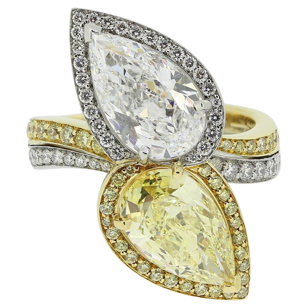 Boodles Fancy Intense Yellow Pear Cut Diamond Crossover Ring For Sale