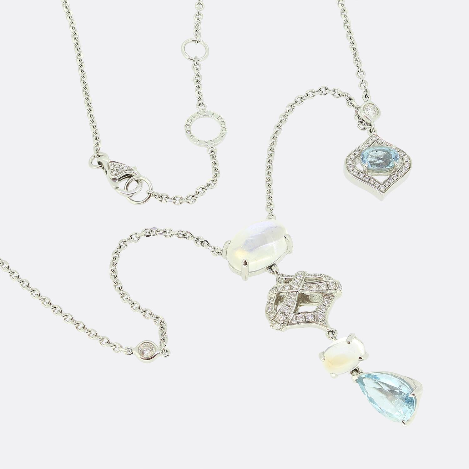 Boodles Halskette aus Holz, Aquamarin, Mondstein und Diamanten (Ovalschliff) im Angebot