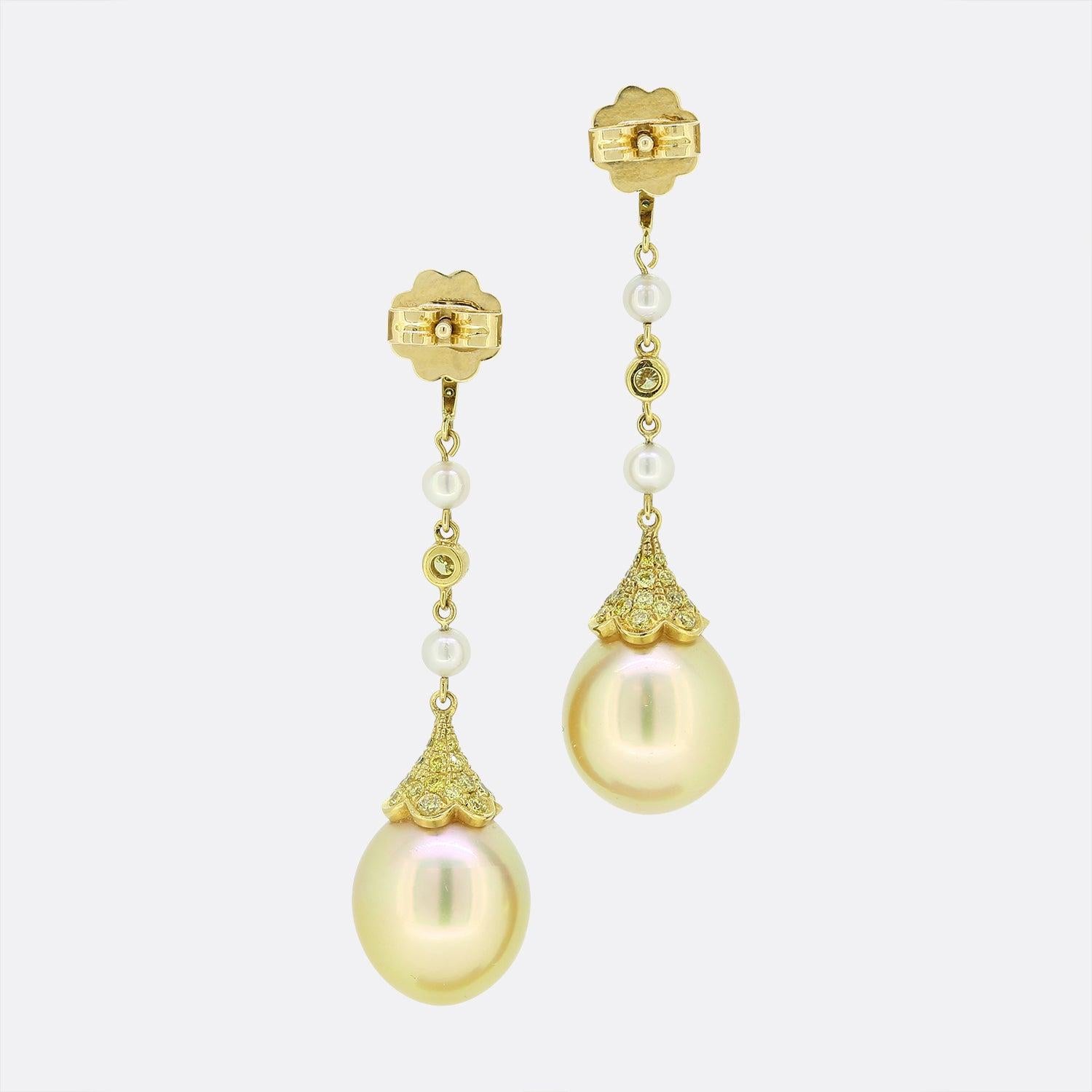 Contemporary Boodles Yellow Diamond and Pearl Drop Earrings For Sale