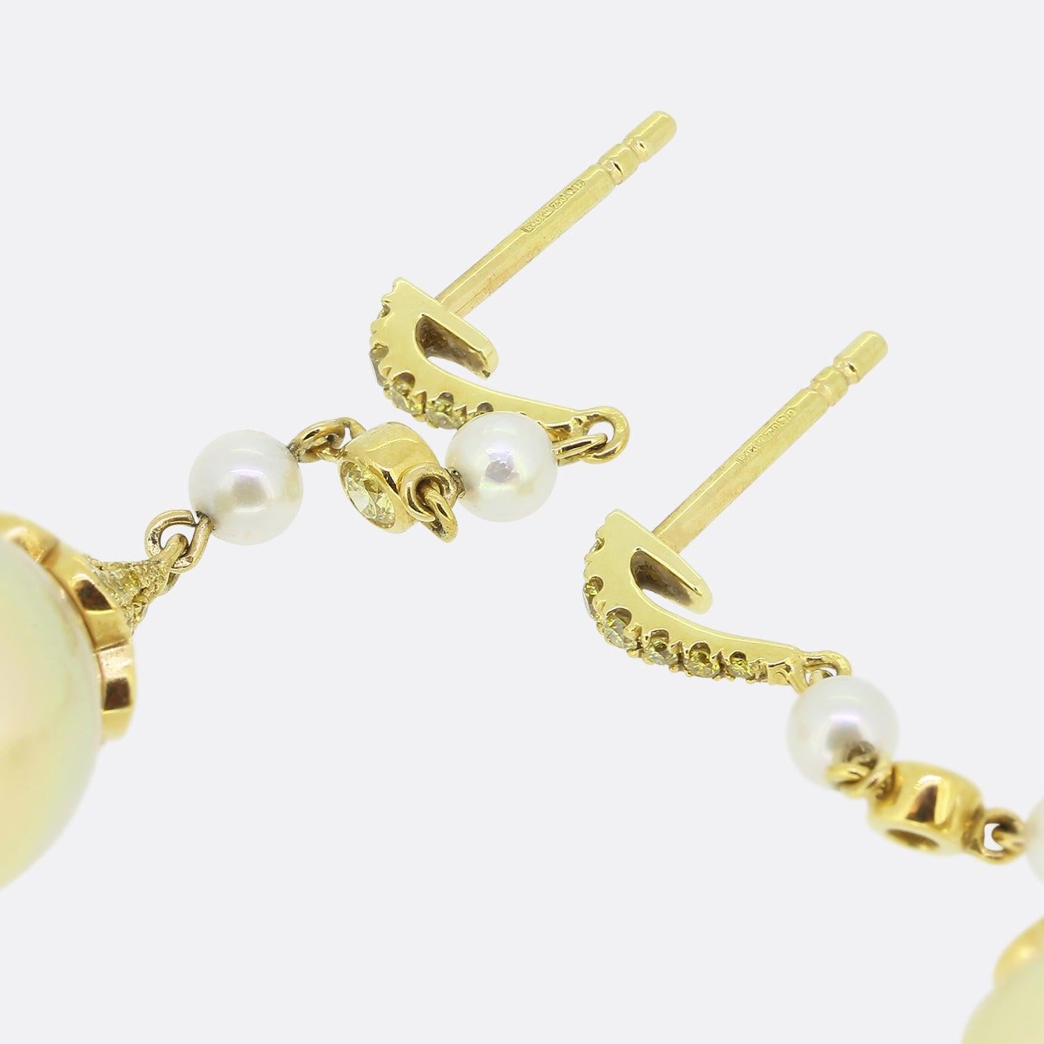 Brilliant Cut Boodles Yellow Diamond and Pearl Drop Earrings For Sale