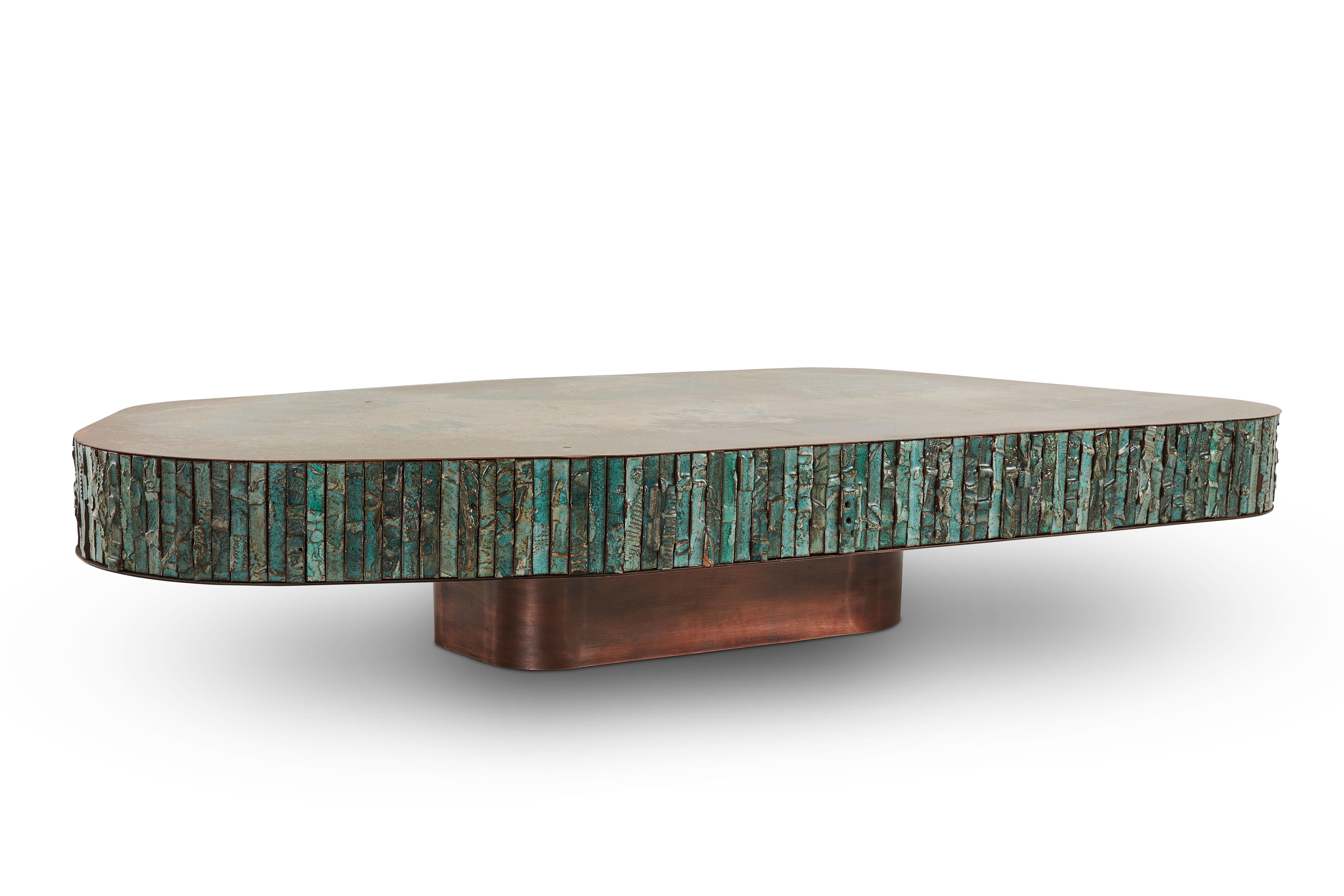 Boogie Nights coffee table by Egg Designs
Dimensions: 185 L X 106 D X 35 H cm
Materials: Antique Copper Coated, Solid Copper, Verdigris, Handmade Ceramic Tiles

Founded by South Africans and life partners, Greg and Roche Dry - Egg is a unique