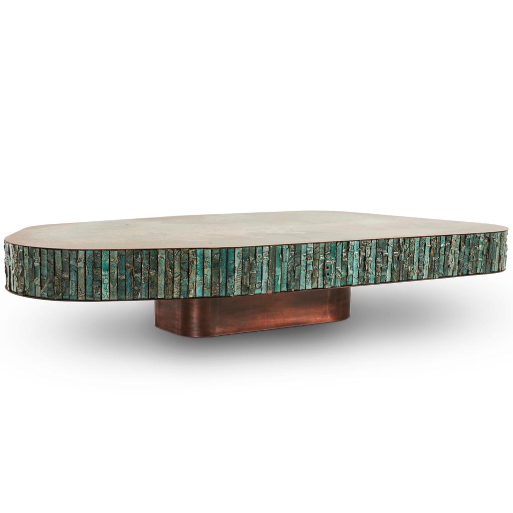 South African Egg Designs Brutalist Teal Ceramic & Verdigris Copper Coffee Table For Sale