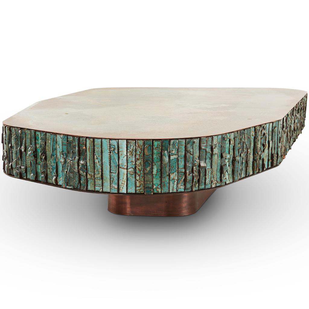The teal green ceramic tiled and verdigris copper Boogie Nights coffee table is designed by Egg Designs and manufactured in South Africa. This coffee table is part of the Boogie Nights collection which consists of a coffee table, side table,