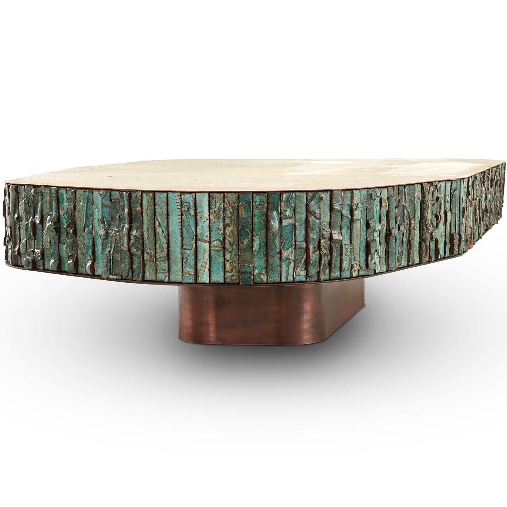Modern Boogie Nights Handmade Ceramic, Bronze Steel & Verdigris Copper Coffee Table For Sale
