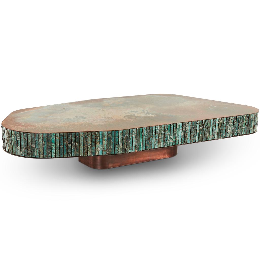 Sud-africain Table basse Boogie Nights faite main en céramique, acier bronze et cuivre vert-de-gris en vente