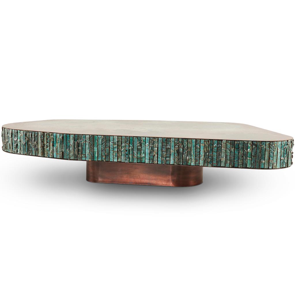 Hand-Crafted Boogie Nights Handmade Ceramic, Bronze Steel & Verdigris Copper Coffee Table For Sale