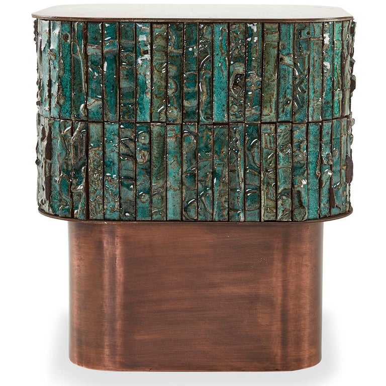The teal green ceramic tiled and verdigris copper Boogie Nights side table is designed by Egg Designs and manufactured in South Africa. This side table is part of the Boogie Nights collection which consists of a coffee table, side table, standing