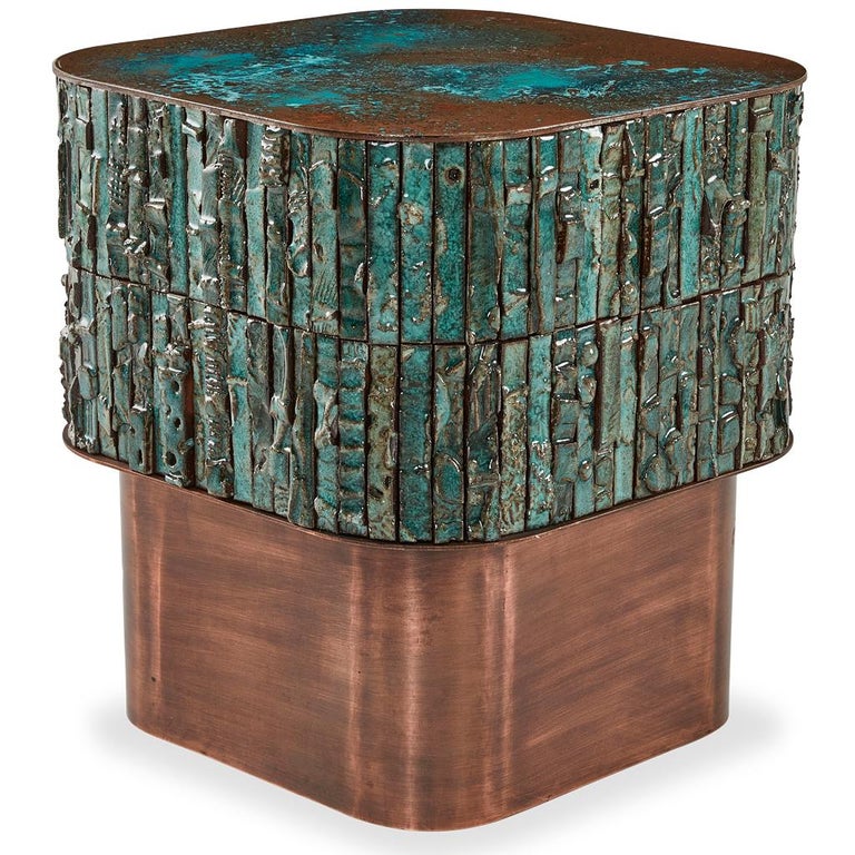 Contemporary Boogie Nights Handmade Ceramic, Bronze Steel & Verdigris Copper Side Table For Sale