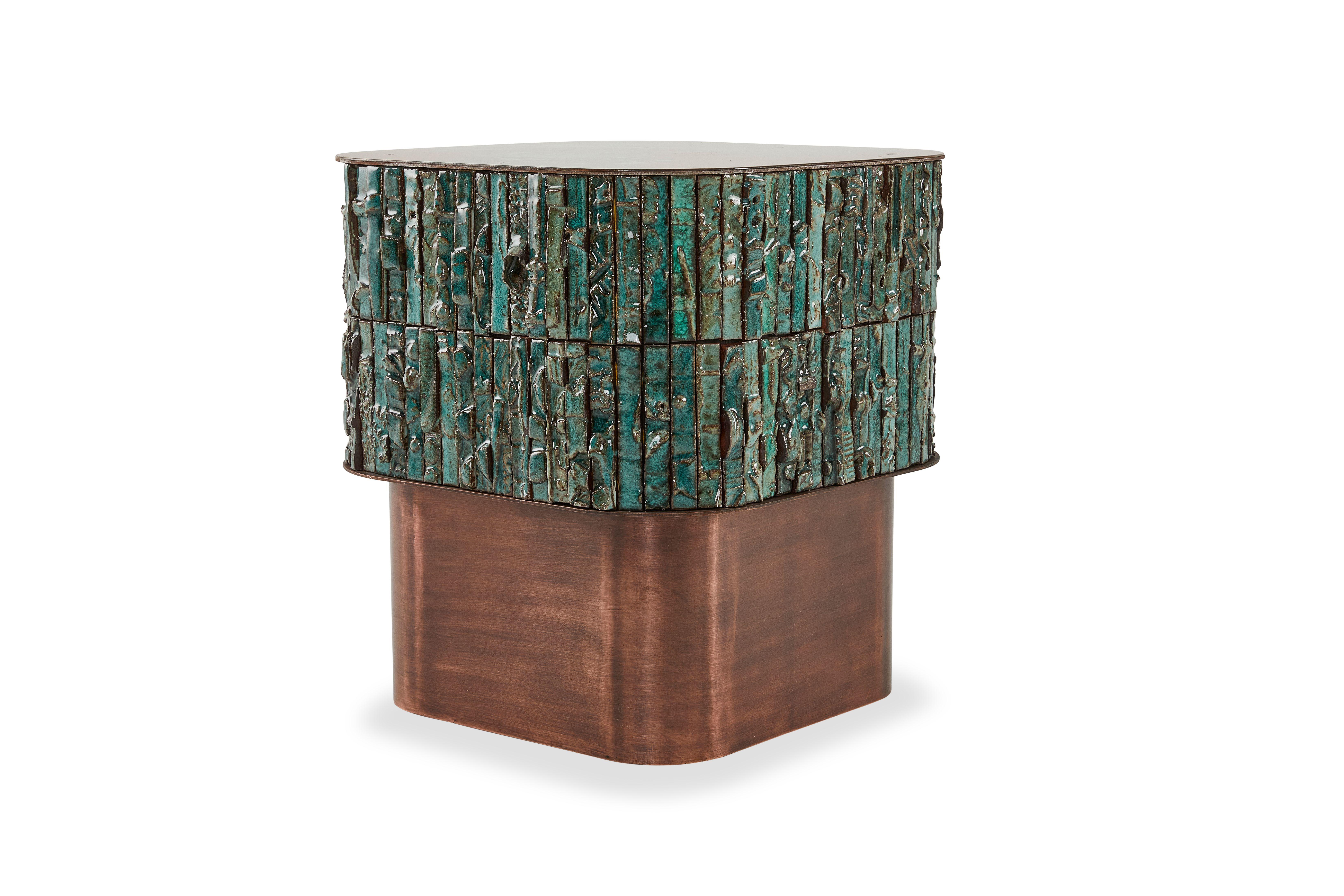 Boogie Nights Side Table by Egg Designs
Dimensions: 51 L X 51 D X 56 H cm 
Materials: Antique Copper Coated, Solid Copper, Verdigris, Handmade Ceramic Tiles

Founded by South Africans and life partners, Greg and Roche Dry - Egg is a unique