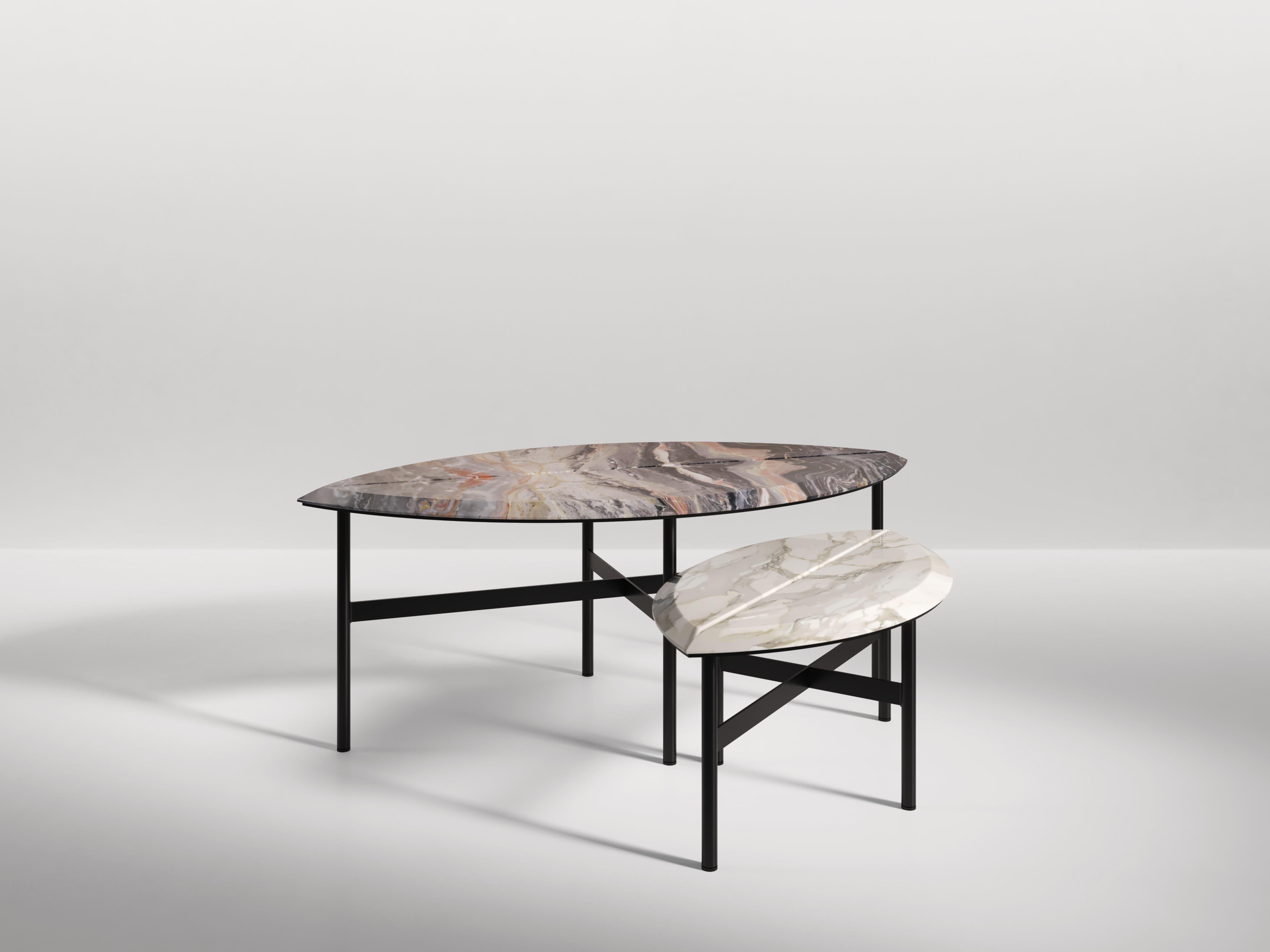 Two sizes of coffee table in the shape of two giant leaves. The veins of the book-matched marble mirror the veins of a leaf. Available in various marbles and natural stones as well as different metal finishes.

Dimension:
Book 1: 105cm x 55cm,