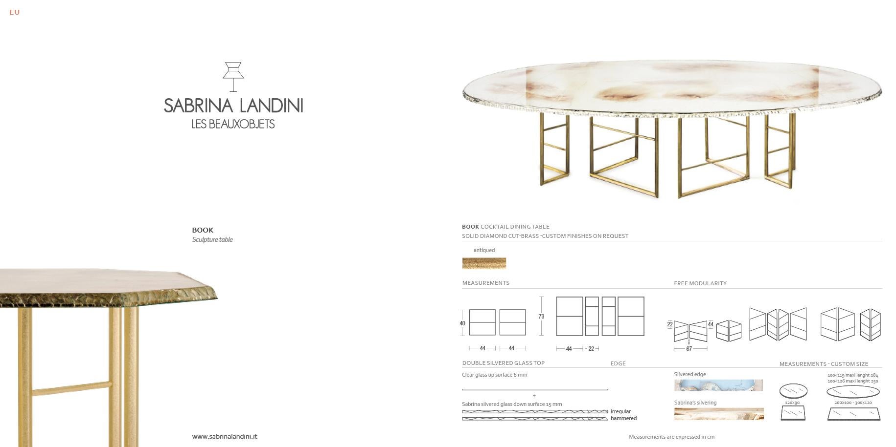 Console contemporaine « Book », verre d'art argenté, pieds en laiton massif en forme de losange en vente 1