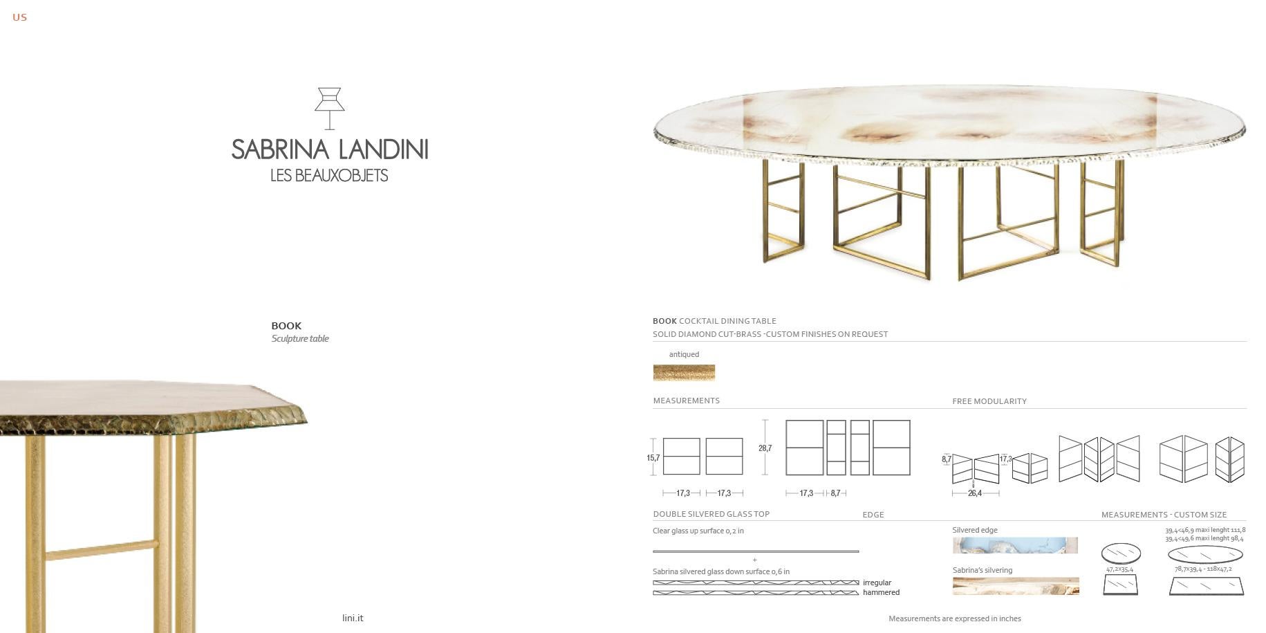 Laiton Console contemporaine « Book », verre d'art argenté, pieds en laiton massif en forme de losange en vente