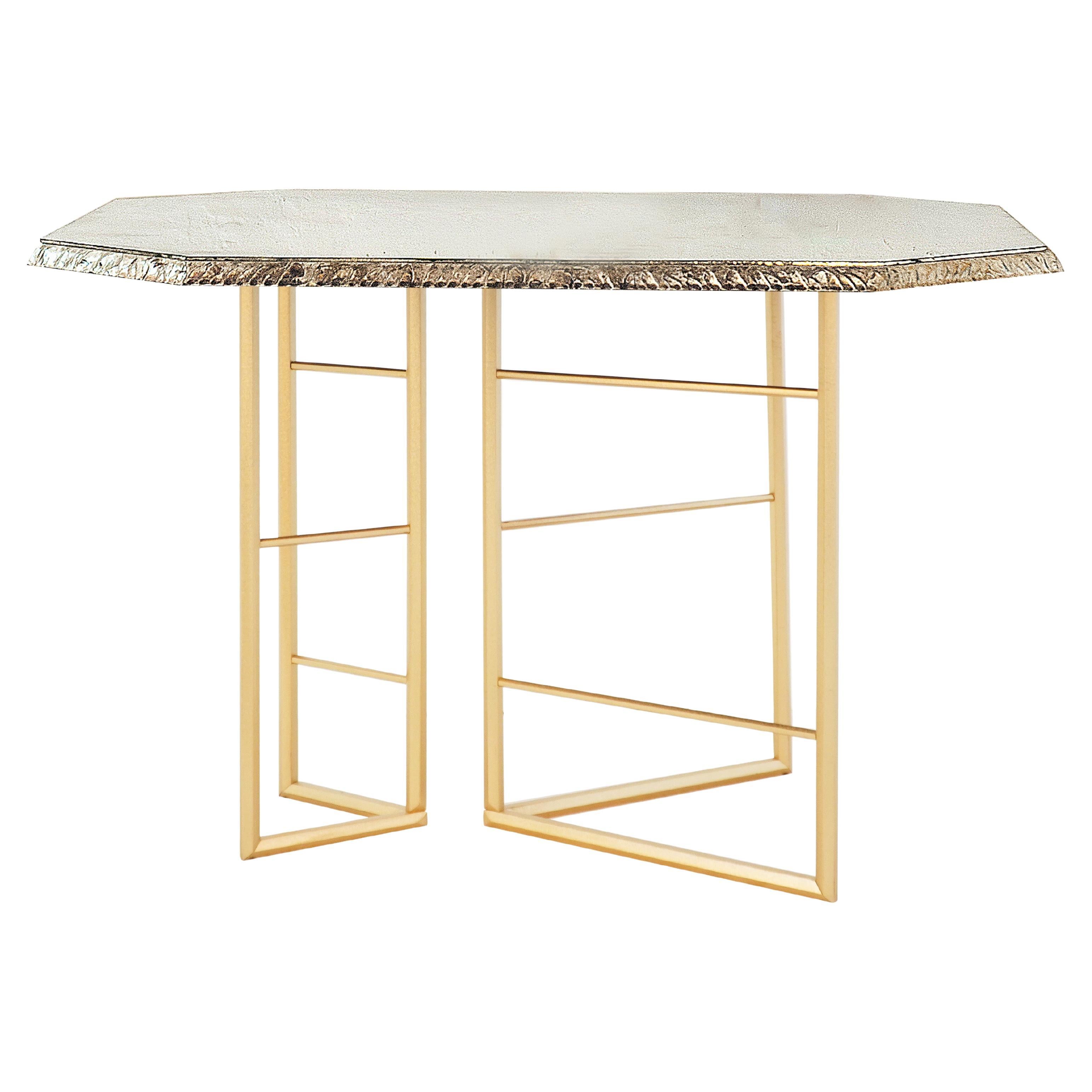 "Book" Contemporary Console, art Silvered Glass, solid brass legs diamond shaped