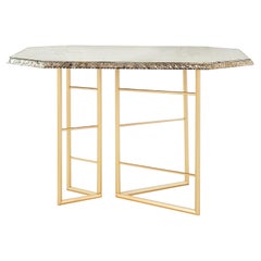 "Book" Contemporary Console, art Silvered Glass, solid brass legs diamond shaped