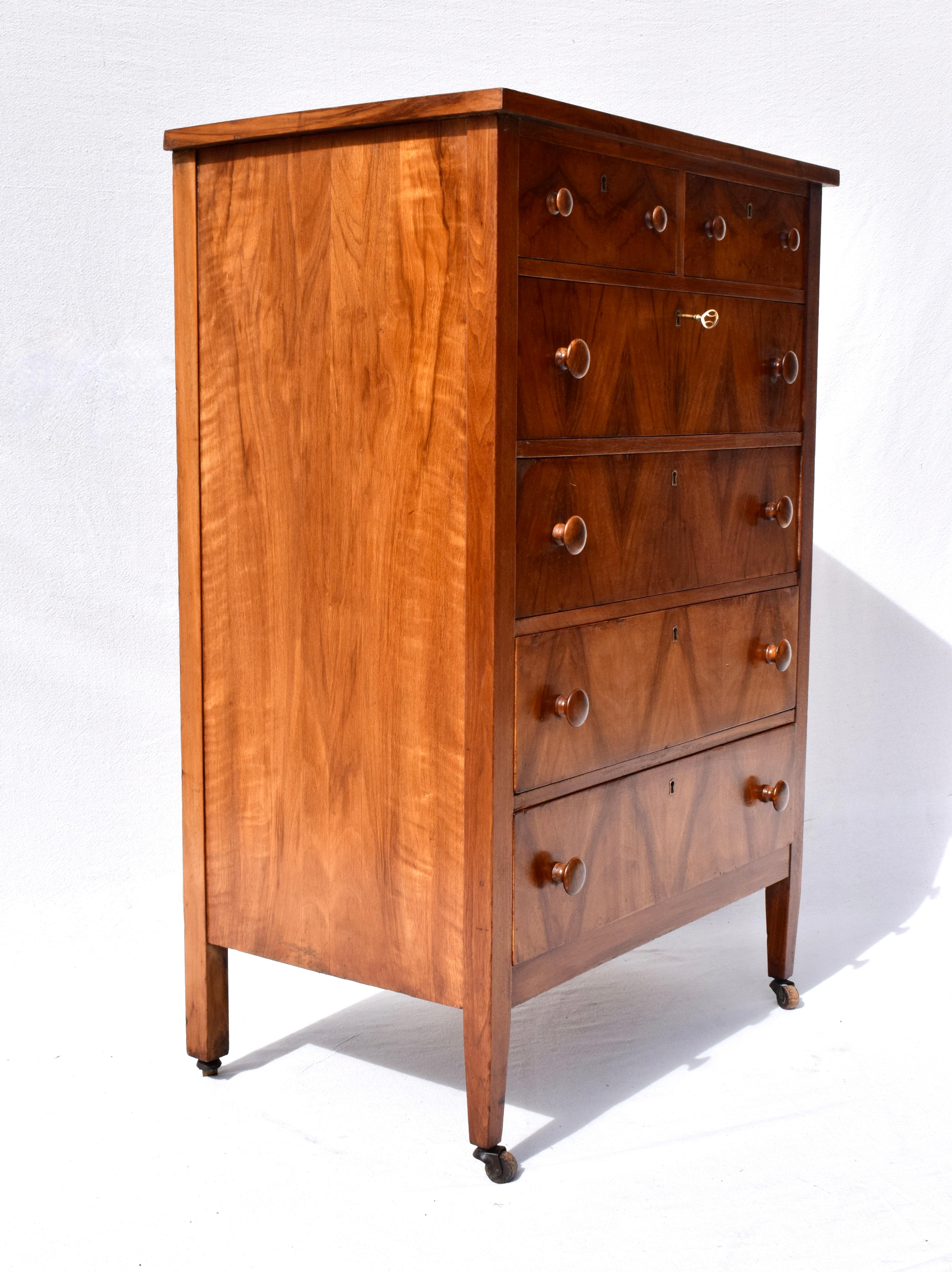 American Book-Matched Flame Mahogany Chest of Drawers on Casters