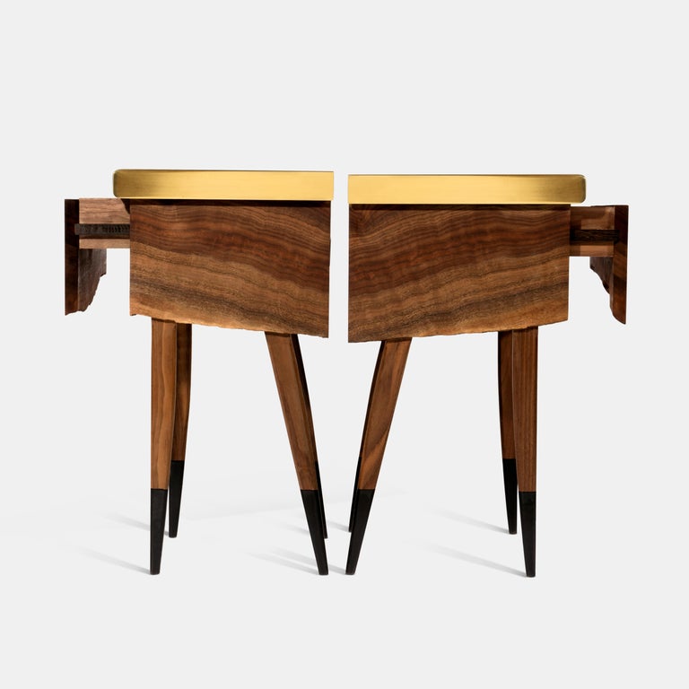 Rubber Book Matched Modern Live Edge Walnut Side Tables Drawer Leather and Brass Top For Sale