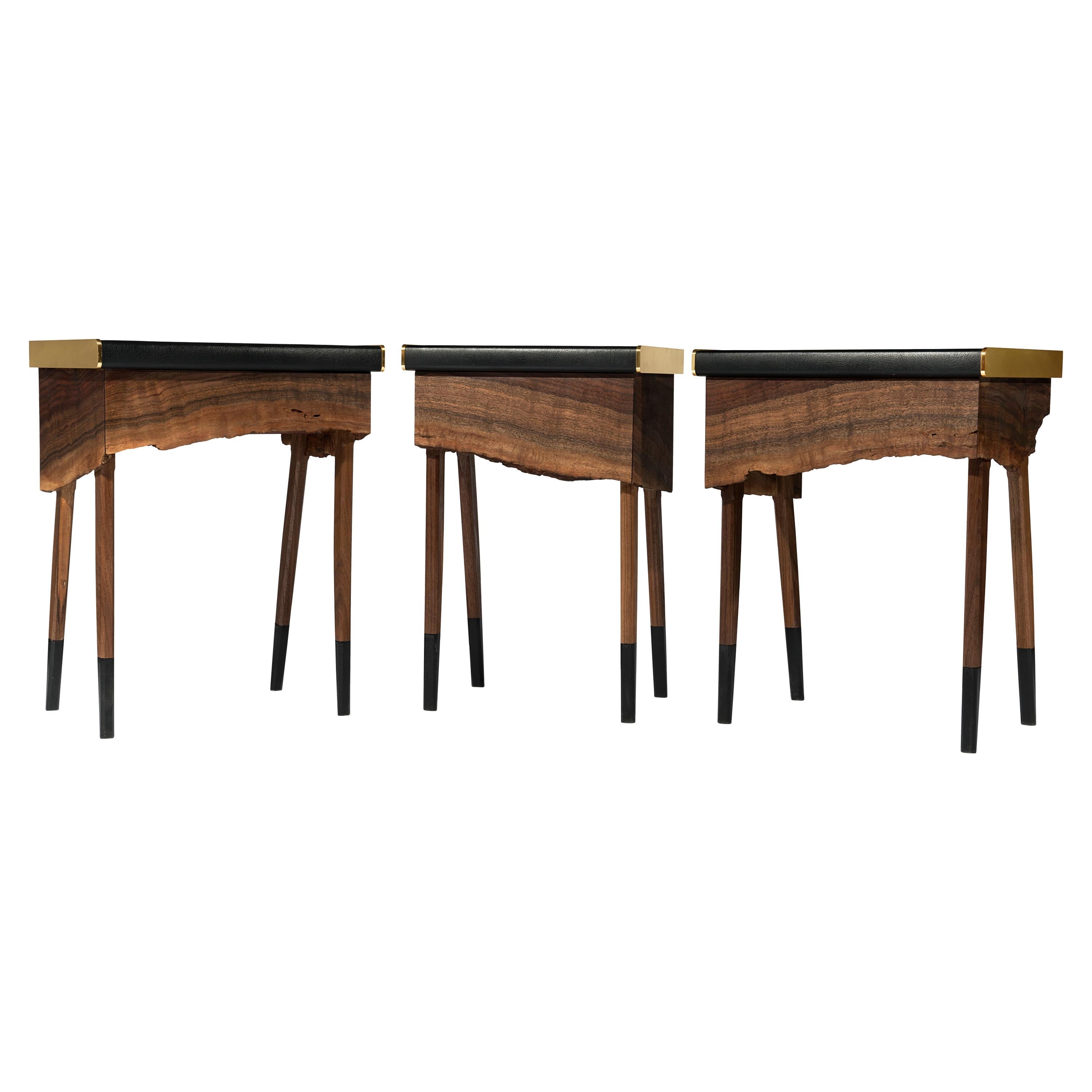 Book Matched Modern Live Edge Walnut Side Tables Drawer Leather and Brass Top