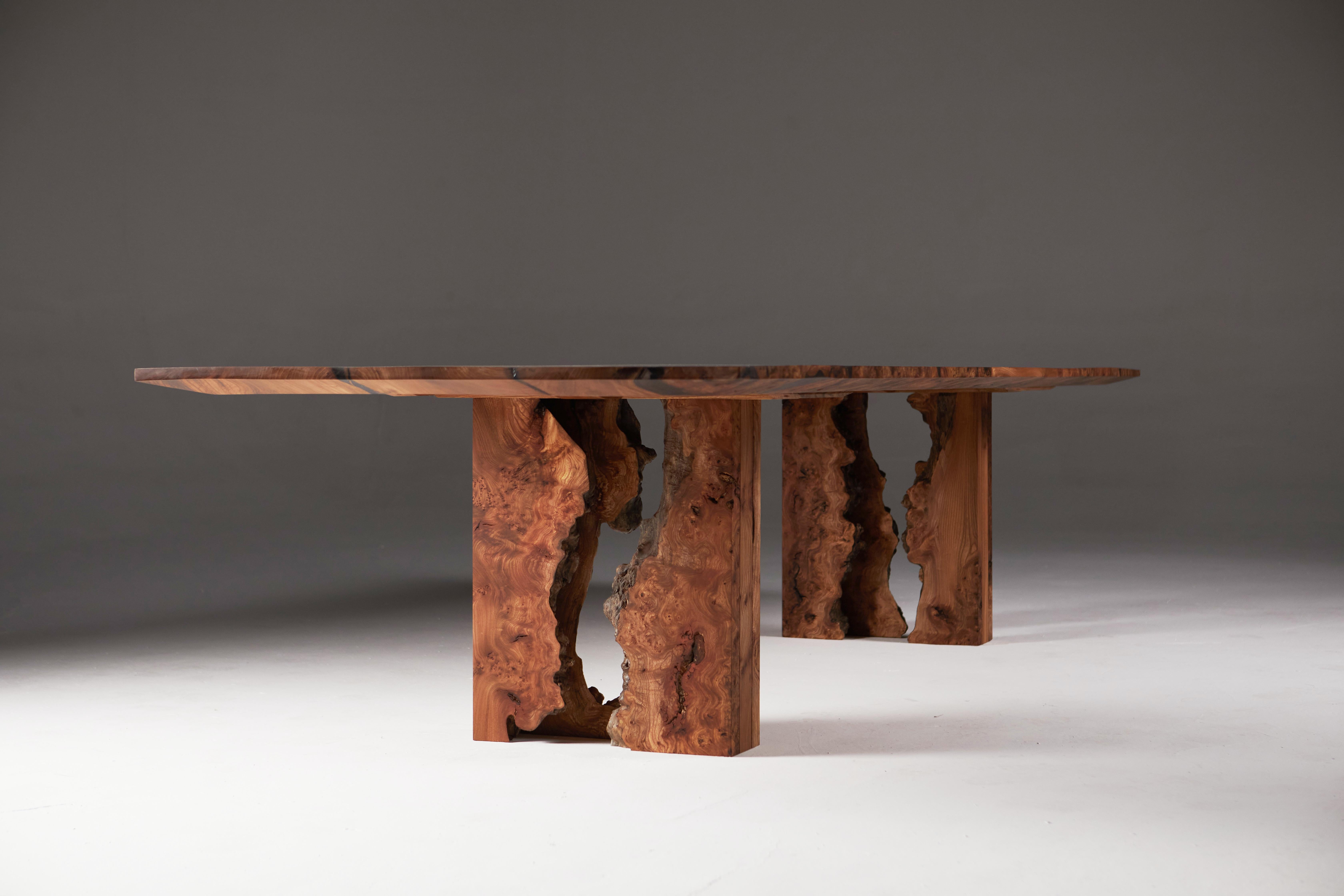 Book-Matched Scottish Burr Elm Table, inverted Live Edge Legs by Jonathan Field For Sale 3