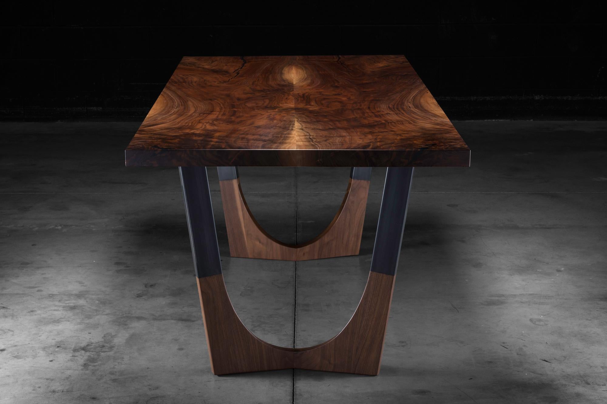 Organic Modern Bookmatched Walnut Dining Table with Black Steel Legs 