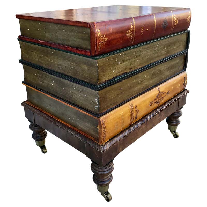 1940s Round Leather Library or Side Table with Faux Book Doors at 1stDibs