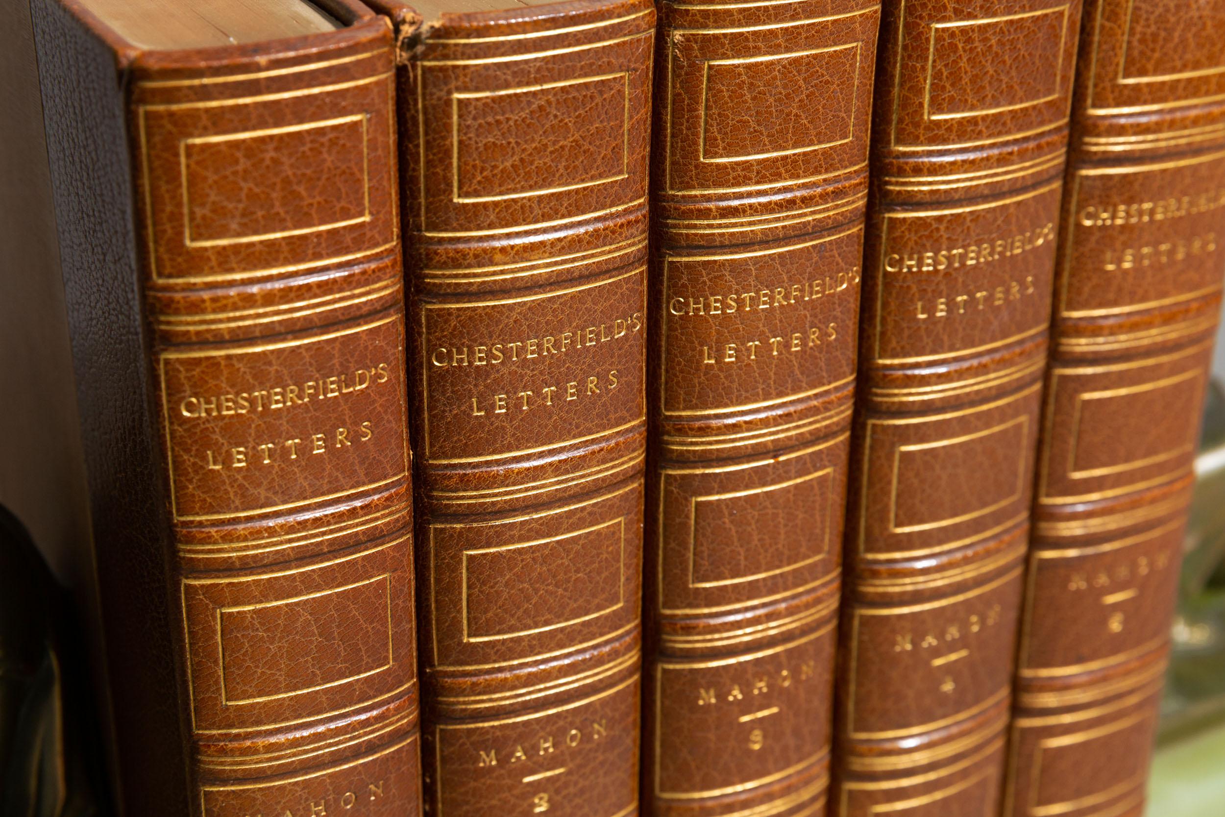 5 Volumes. Lord Chesterfield. The letters edited with notes by Lord Mahon. Bound in 3/4 Tan
morocco by G.P. Putnam's Sons, linen boards and endpapers, top edges gilt, raised bands, gilt panels,
frontispieces. Published: Philadelphia: J.B.