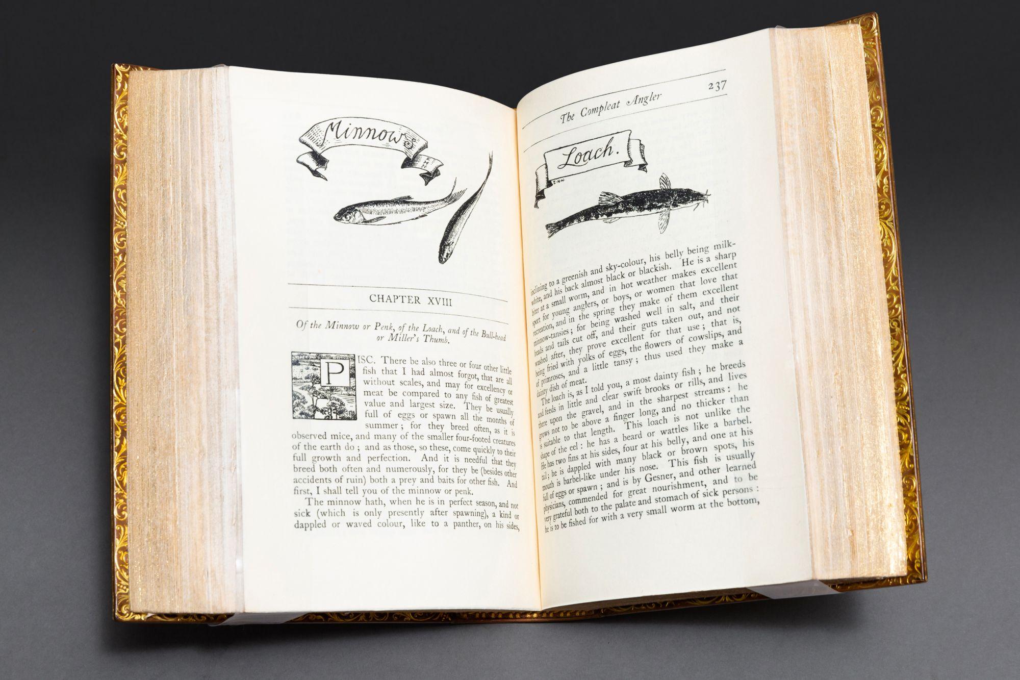 1 Volume. Izaak Walton & Charles Cotton. The Compleat Angler. Edited by Richard Le Gallienne. Profusely illustrated with frontispiece by Edmund H. New. Bound in full tree calf levant by Zaehnsdorf Binding. All edges gilt, ornate gilt on spines and