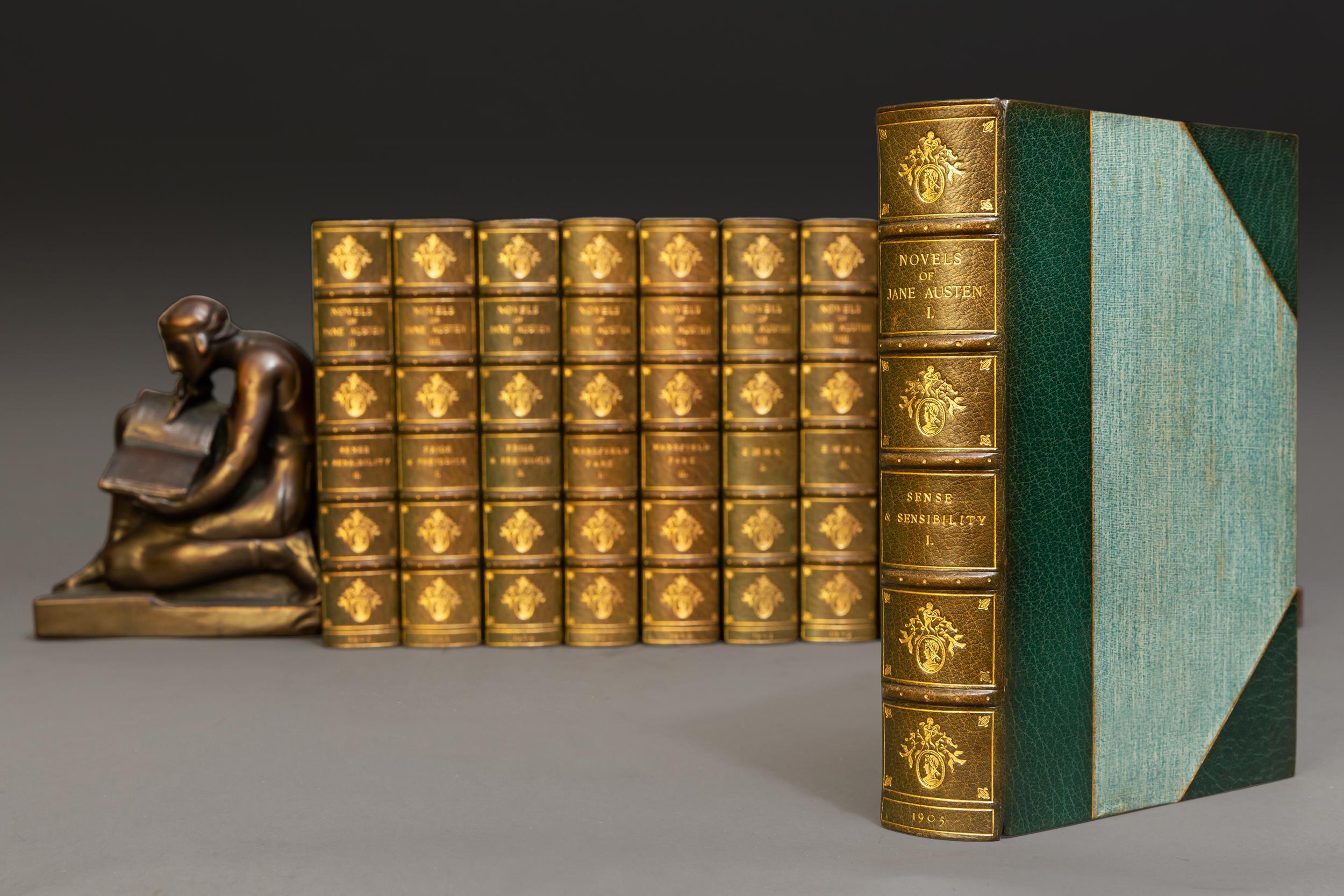 10 Volumes. Jane Austen. The Works. Winchester Edition. Bound in 3/4 green morocco. Top edges gild, linen boards, marbled endpapers, gilt on spine, raised bands. 
Published Edinburgh: John Grant, 1905. 
 