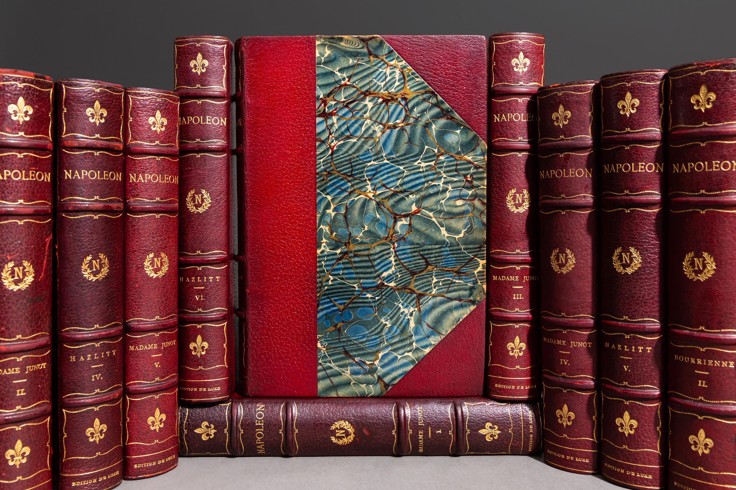 16 Volumes. Hazlitt, Junot & Bourrienne. The Lie of Napoleon. Edition Deluxe. Limited to 1080 copies, this is #675. Bound in 3/4 red morocco, marbled boards. Marbled endpapers, top edges gilt, raised bands, gilt panels. Illustrated colored