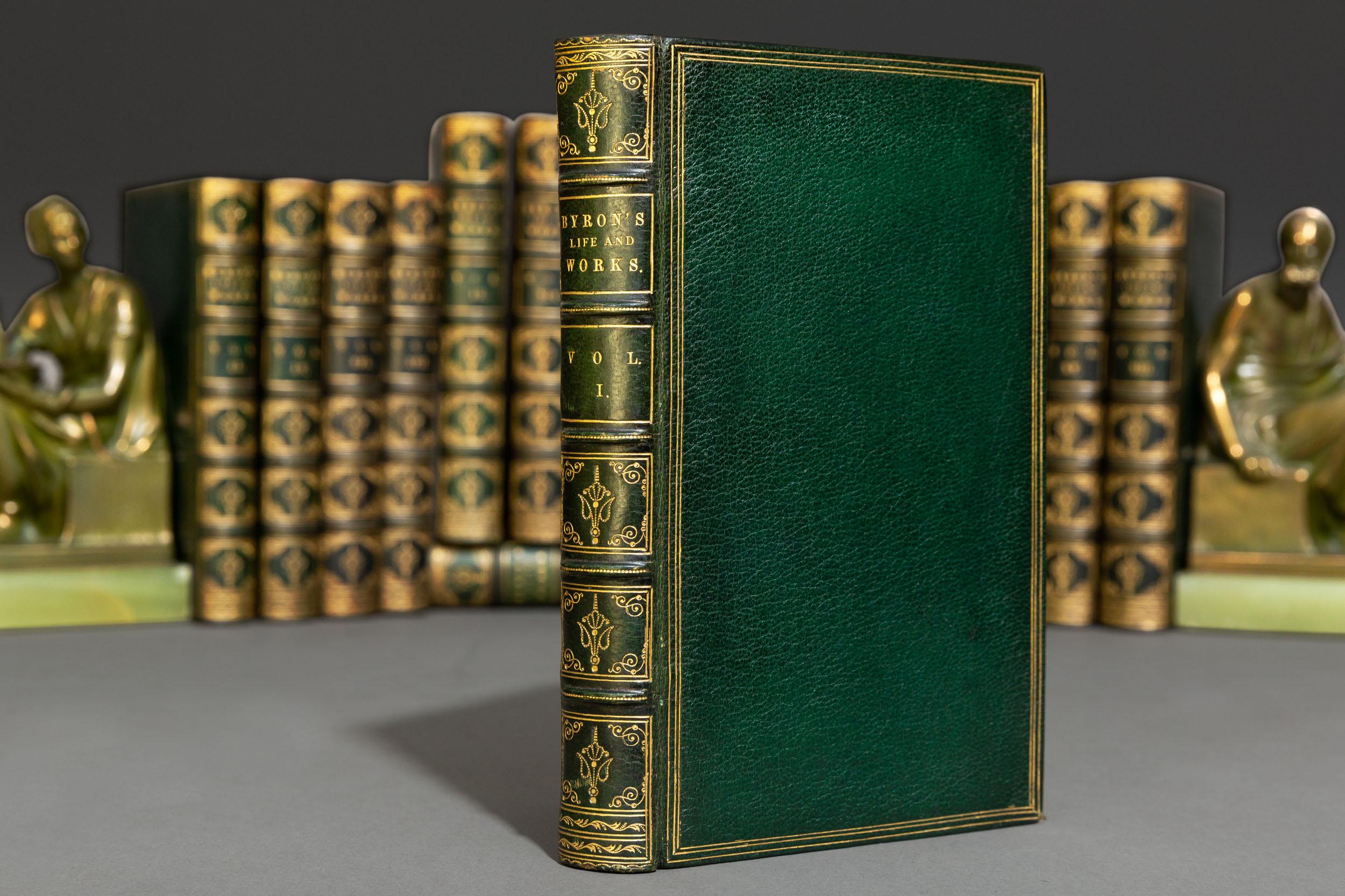 (Book Sets) 17 Volumes. Lord Byron. Works. With His Letters, Journals & His Life by Thomas Moore, Esq.
Bound in full green morocco, all edges gilt, raised bands, gilt panels, Illustrated. Published: London:
John Murray 1833. Fine set.