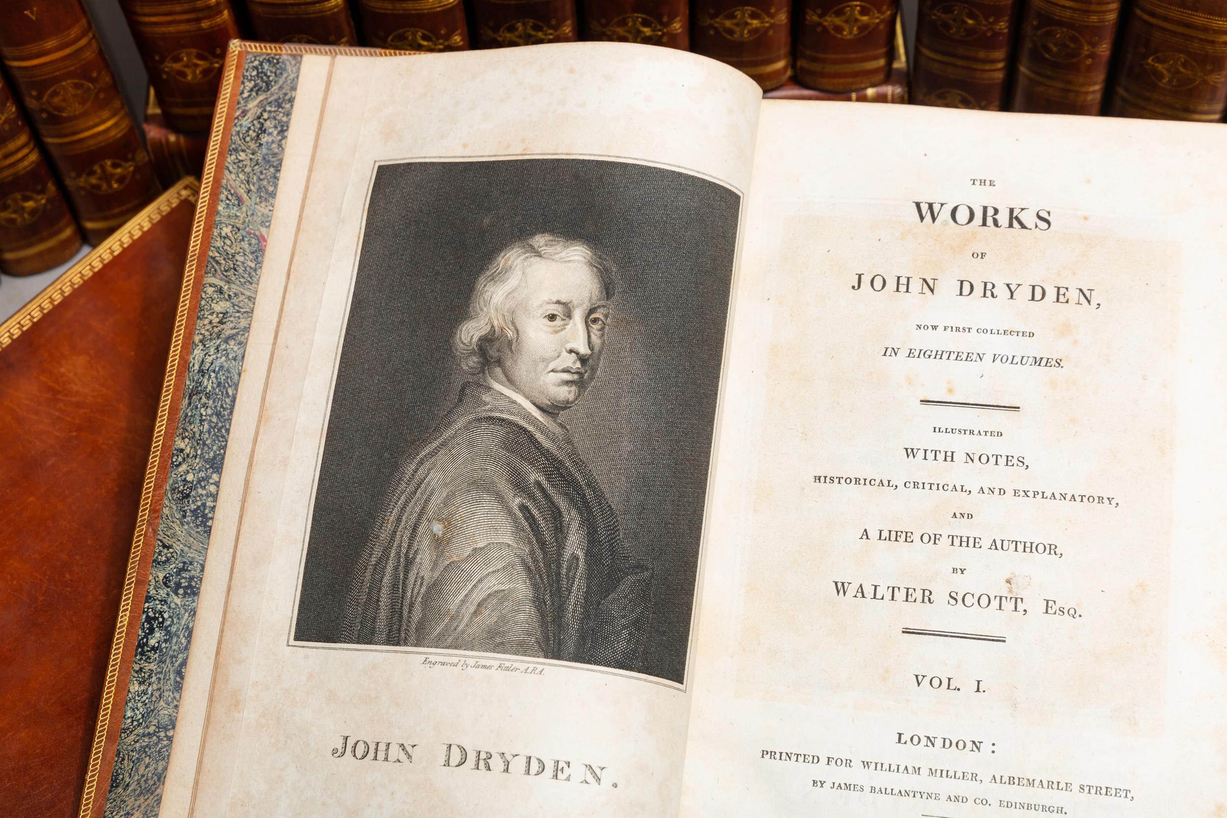 18 Volumes. John Dryden. The Works. Illustrated with Notes, Historical, Critical and Explanatory, and A Life of The Author by Walter Scott. Bound in full tan calf. All edges gilt, gilt on covers & spines, marbled endpapers. Handsome set.
Published: