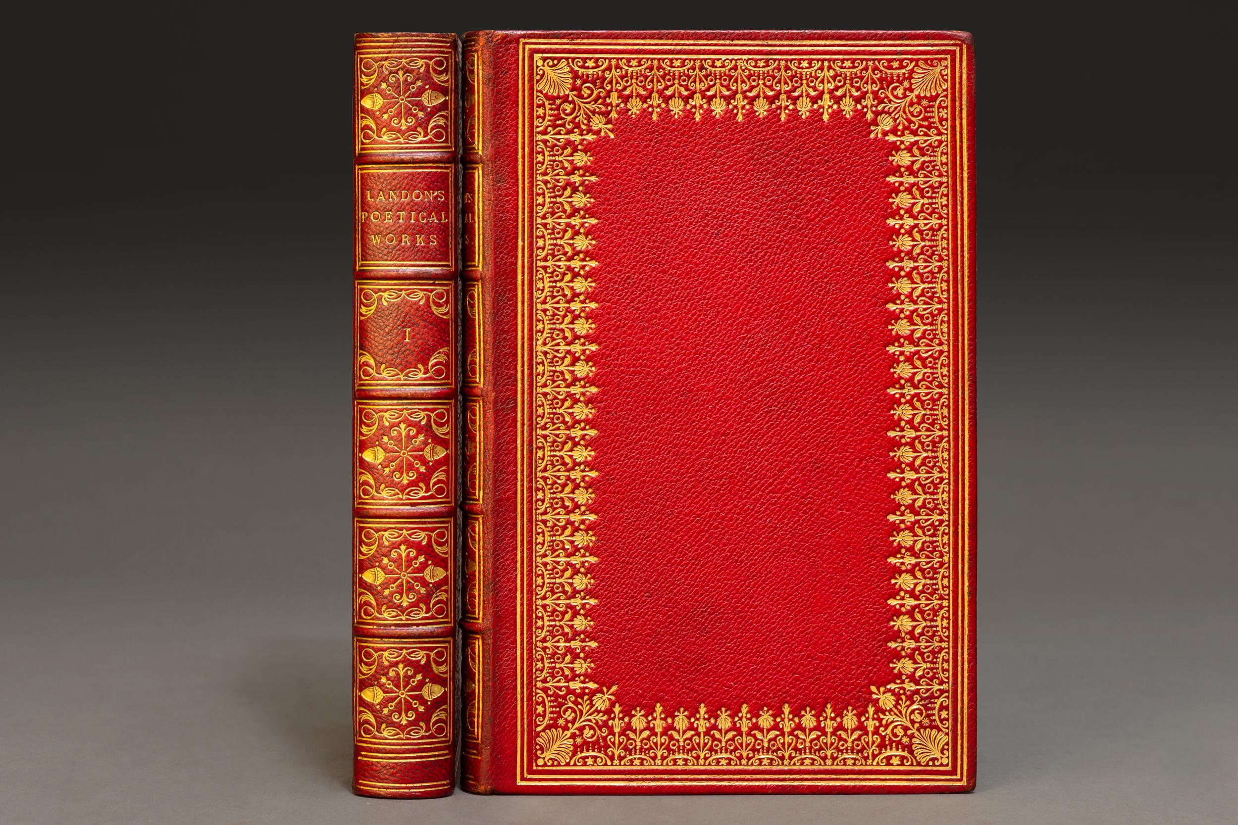 2 Volumes. Letitia Elizabeth Landon. The Poetical Works. With memoir. Printed by Spottiswoode & Co. Bound in full red morocco. Ornate gilt on spines & covers, inner dentelles, raised bands, all edges gilt. 
Published: London: Longman, Green, &