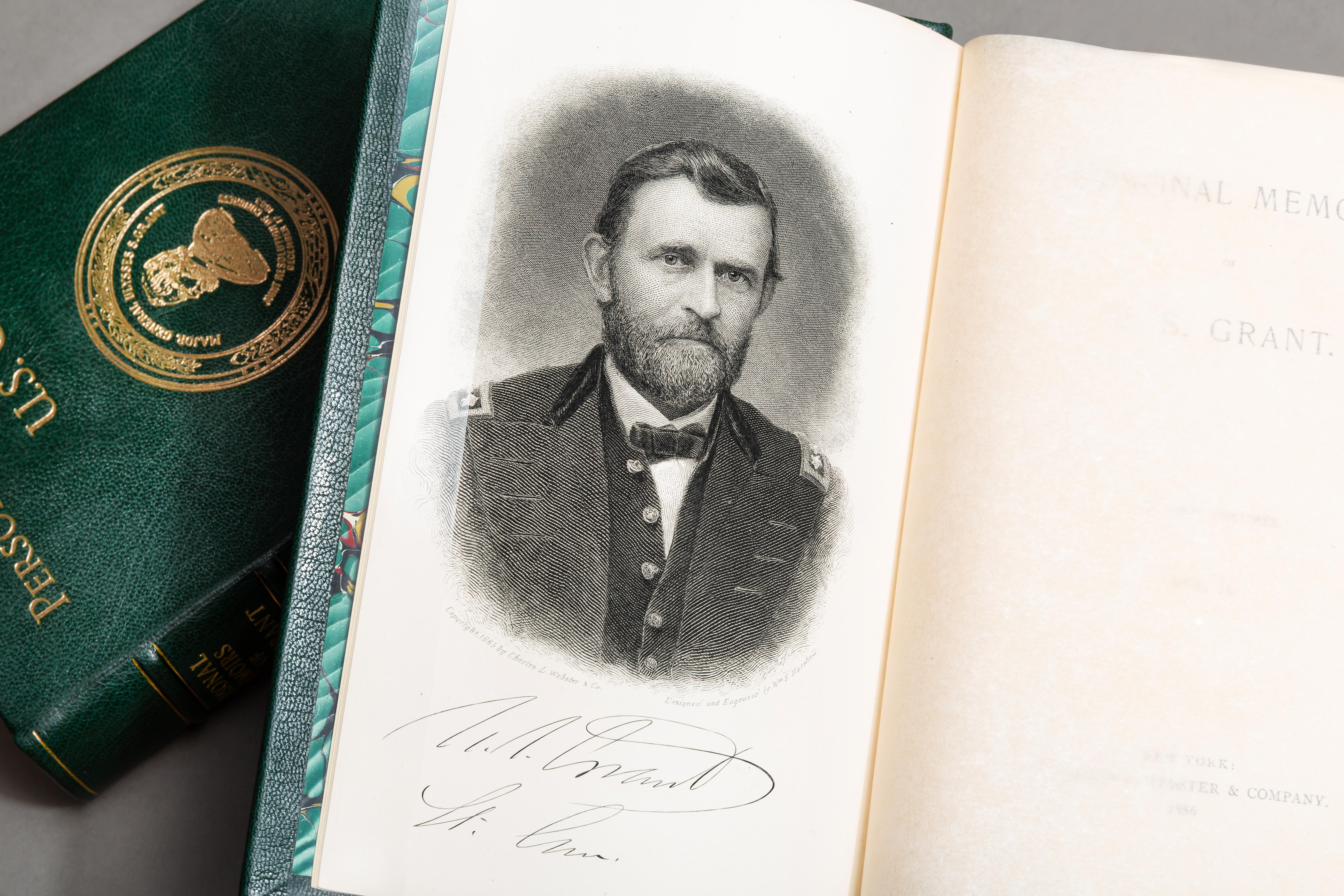 2 Volumes. Ulysses S. Grant. Personal Memoirs. First Edition. Rebound in full green morocco. Gilt engravings on covers & spines. Ornate gilt designs on covers. With frontispiece. Marbled endpapers, all edges gilt, raised bands. Printed by J. J.