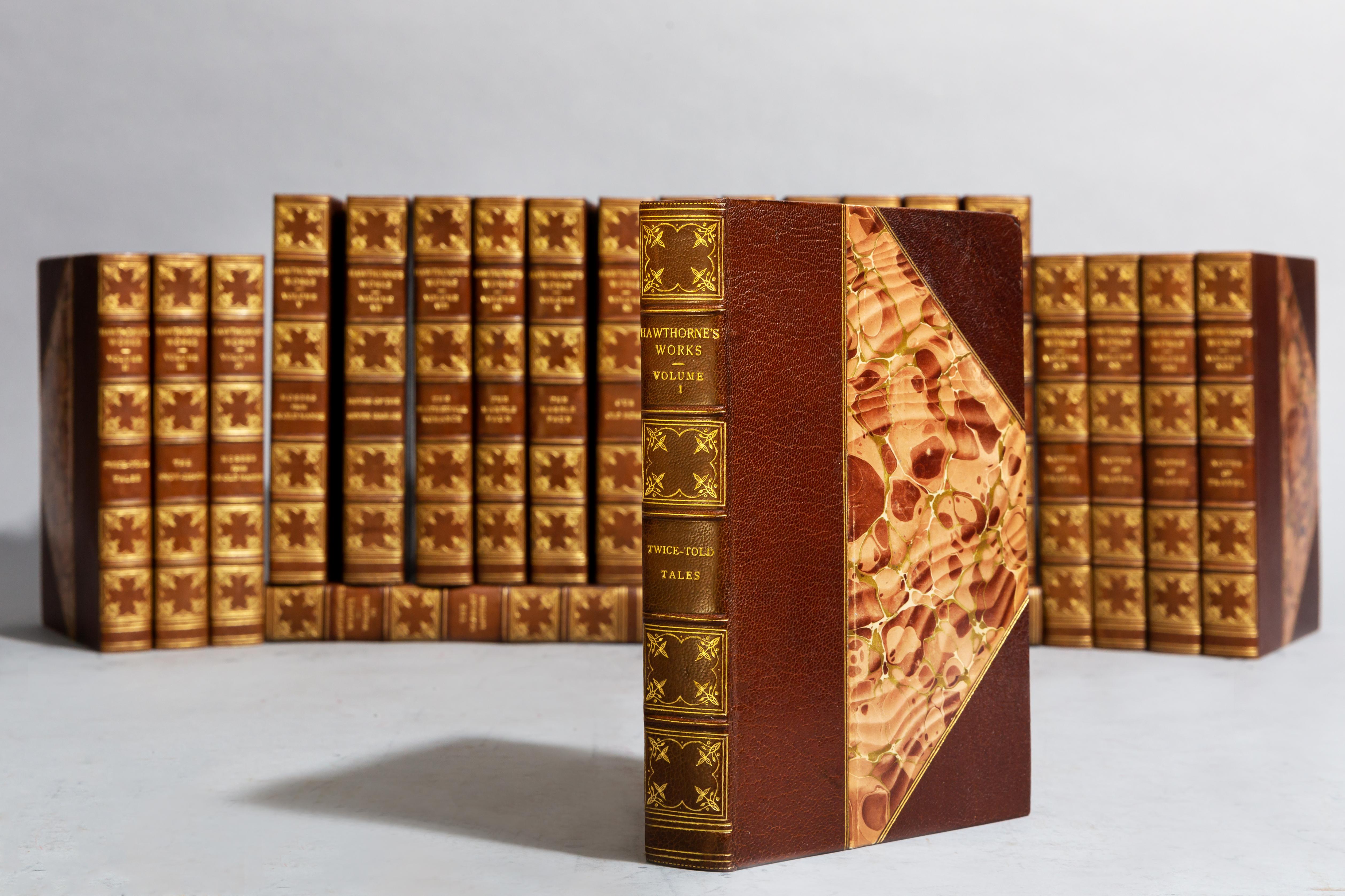22 Volumes. Nathaniel Hawthorne. The Complete Writings. Large Paper Edition. With portraits, illustrations & facsimiles. With frontispiece. Bound in 3/4 brown morocco. Marbled boards, gilt on spines & covers, raised bands, marbled endpapers, top