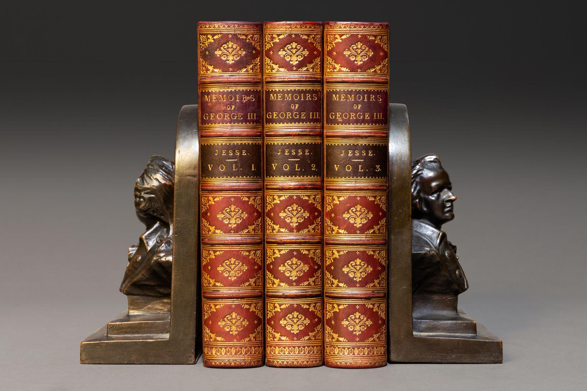 3 Volumes. J. Heneage Jesse. Memoirs of The Life & Reign of King George the Third. First Edition. Bound in wine-colored 3/4 calf. Marbled boards, marbled endpapers, marbled edges, ornate gilt on spines, raised bands. 
Published: London: Tinsley