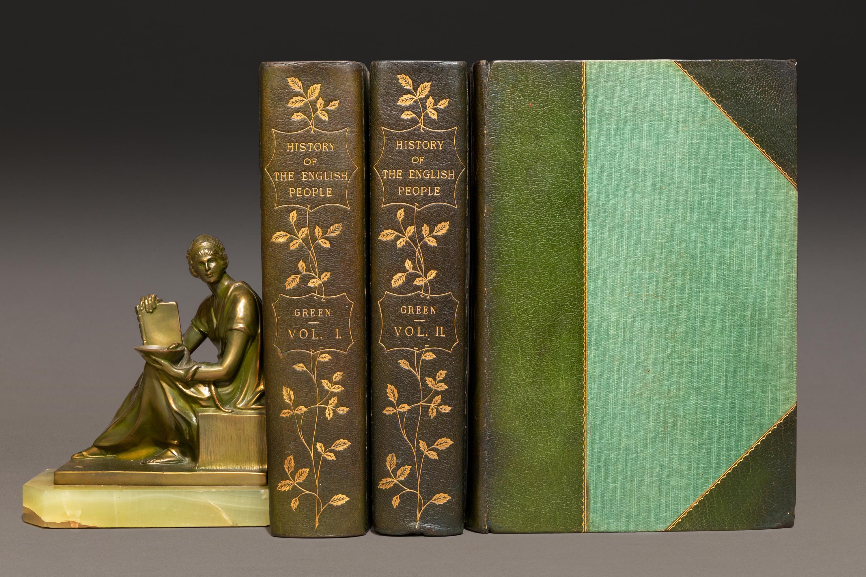 3 Volumes. J.R. Green. A Short History Of The English People. Illustrated. Bound in 3/4 green morocco
by Sotheran's, linen boards, top edges gilt, ornate floral gilt on spines, marbled endpapers. Published:
London: MacMillan & Co. 1898. Handsome