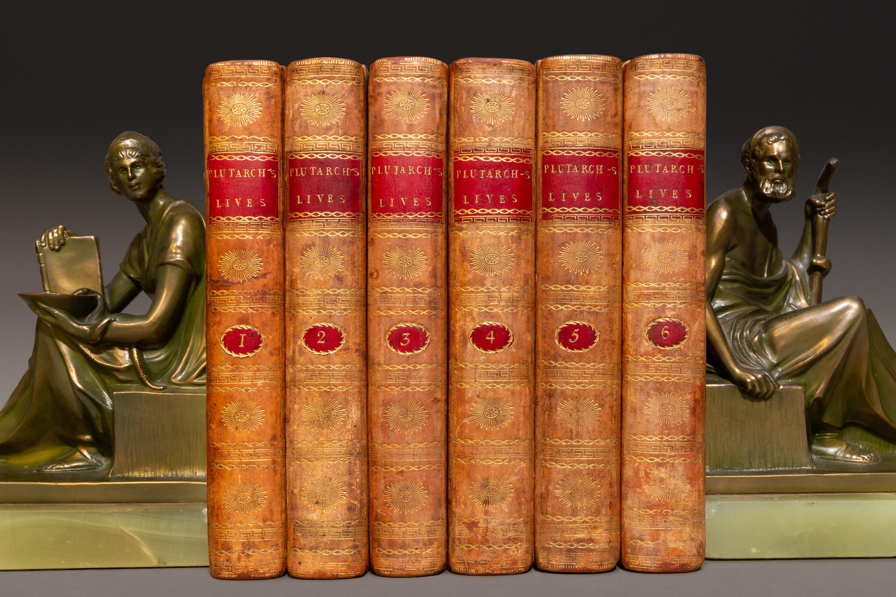 6 Volumes. Plutarch's Lives edited by John Langhorne & William Langhorne. Bound in full contemporary tan calf, gilt on spines, red labels, frontispieces. Published: London: T. Longman 1795.